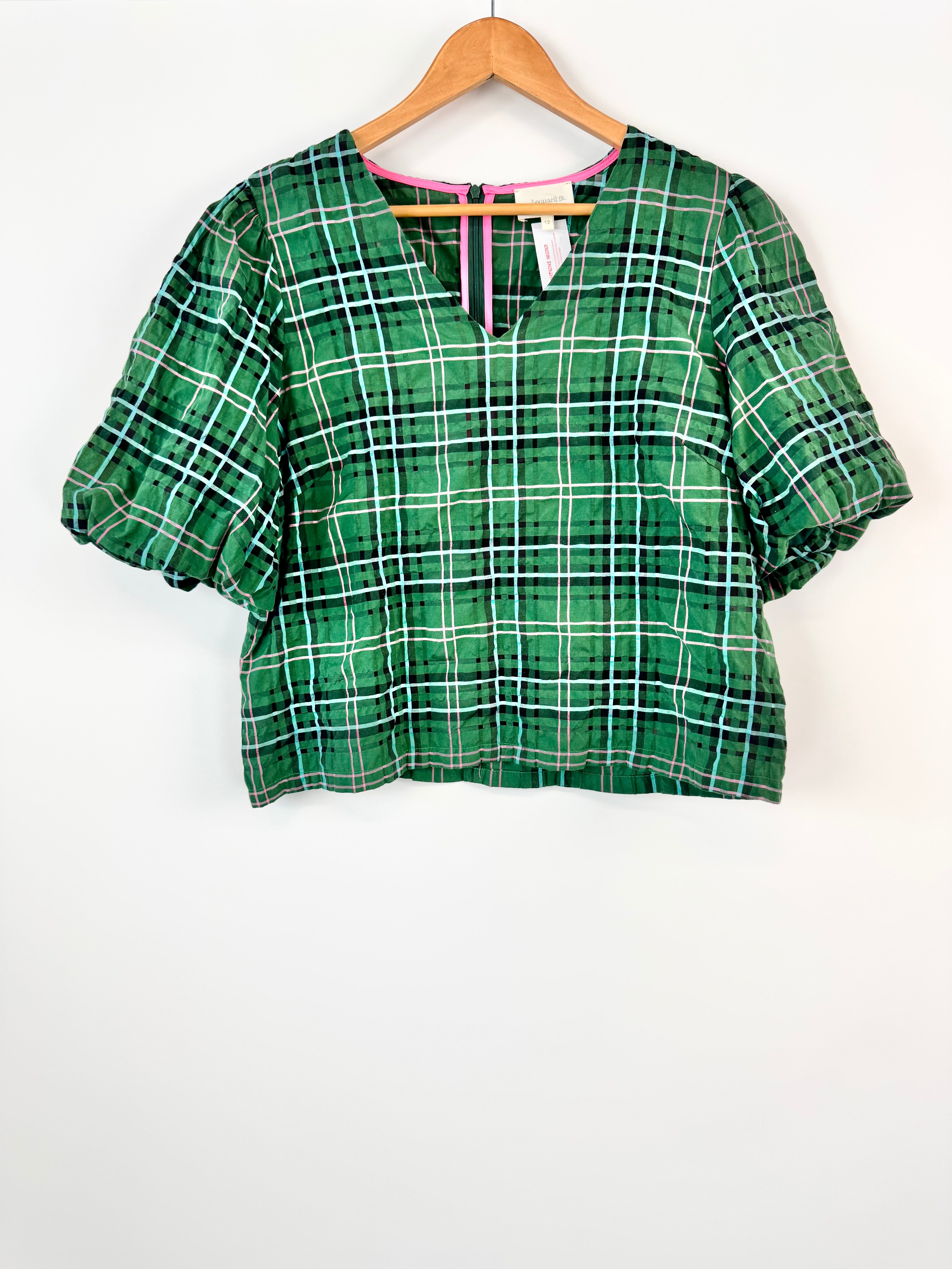 LEONARD ST. PUFFED SLEEVE SEERSUCKER GREEN BLOUSE - AU12