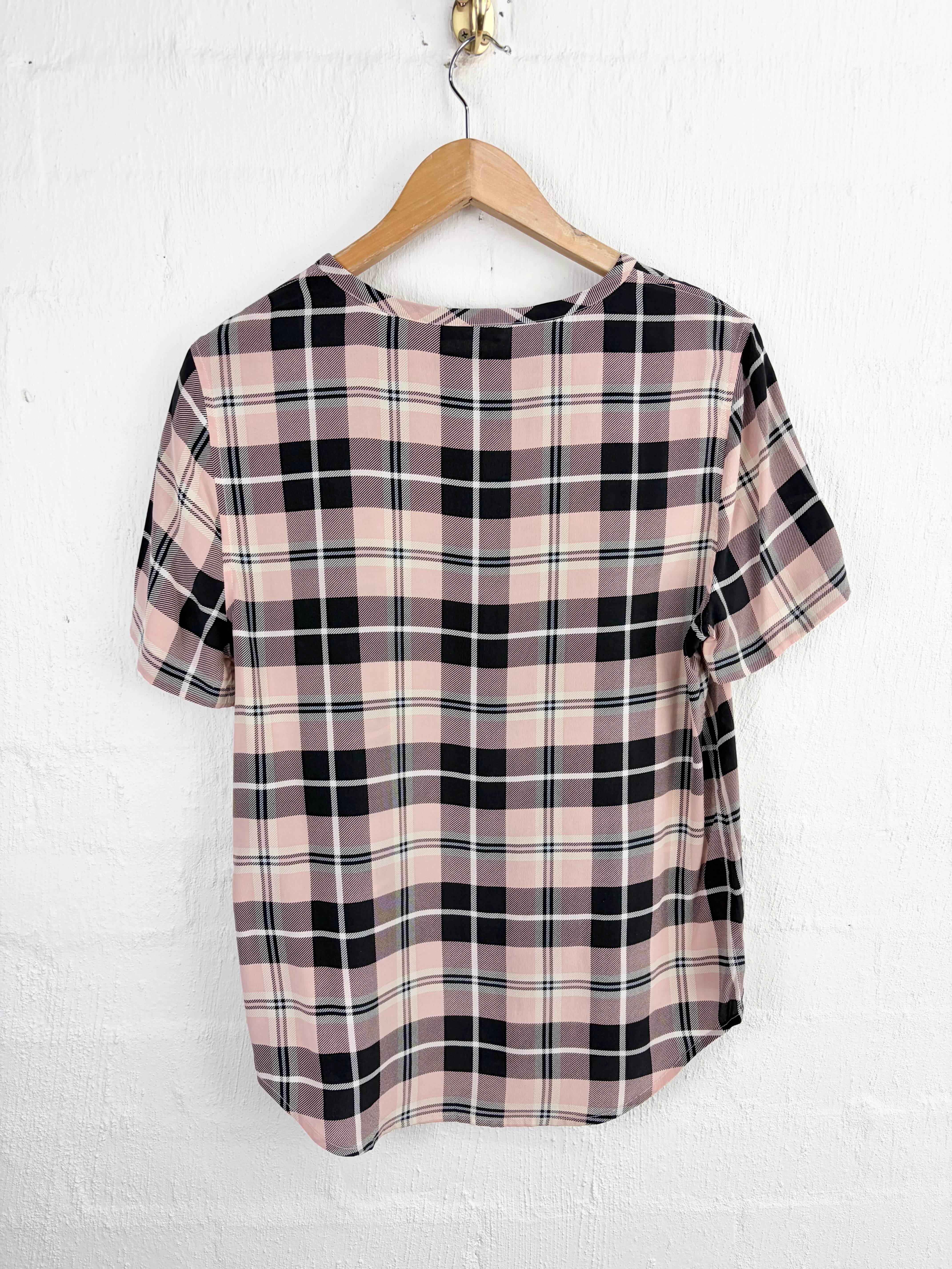 Equipment Femme Blush Pink, Black & White Plaid Silk Top - AU8/10