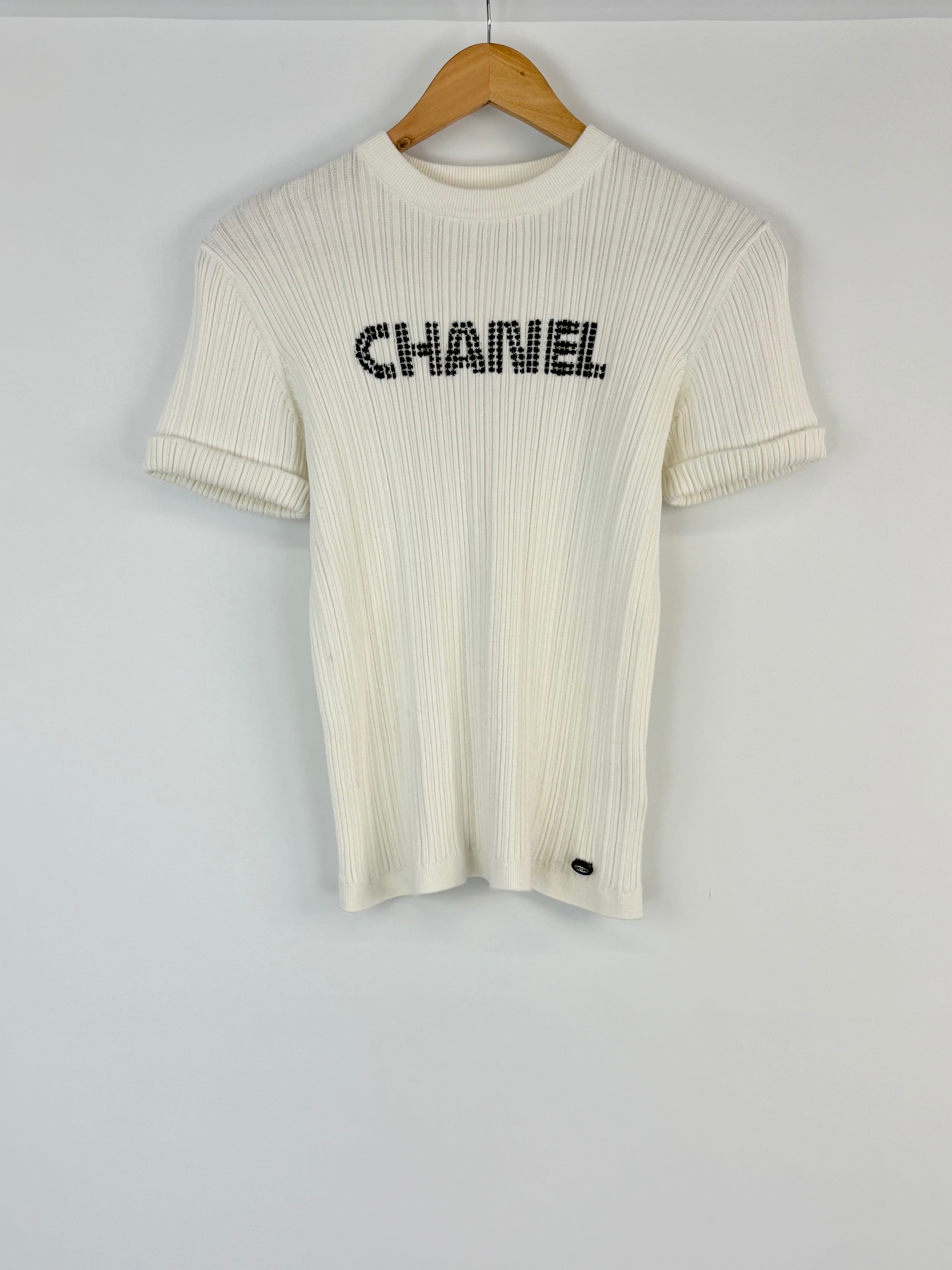 Chanel Ecru Rib-Knit Short Sleeve Top - AU10