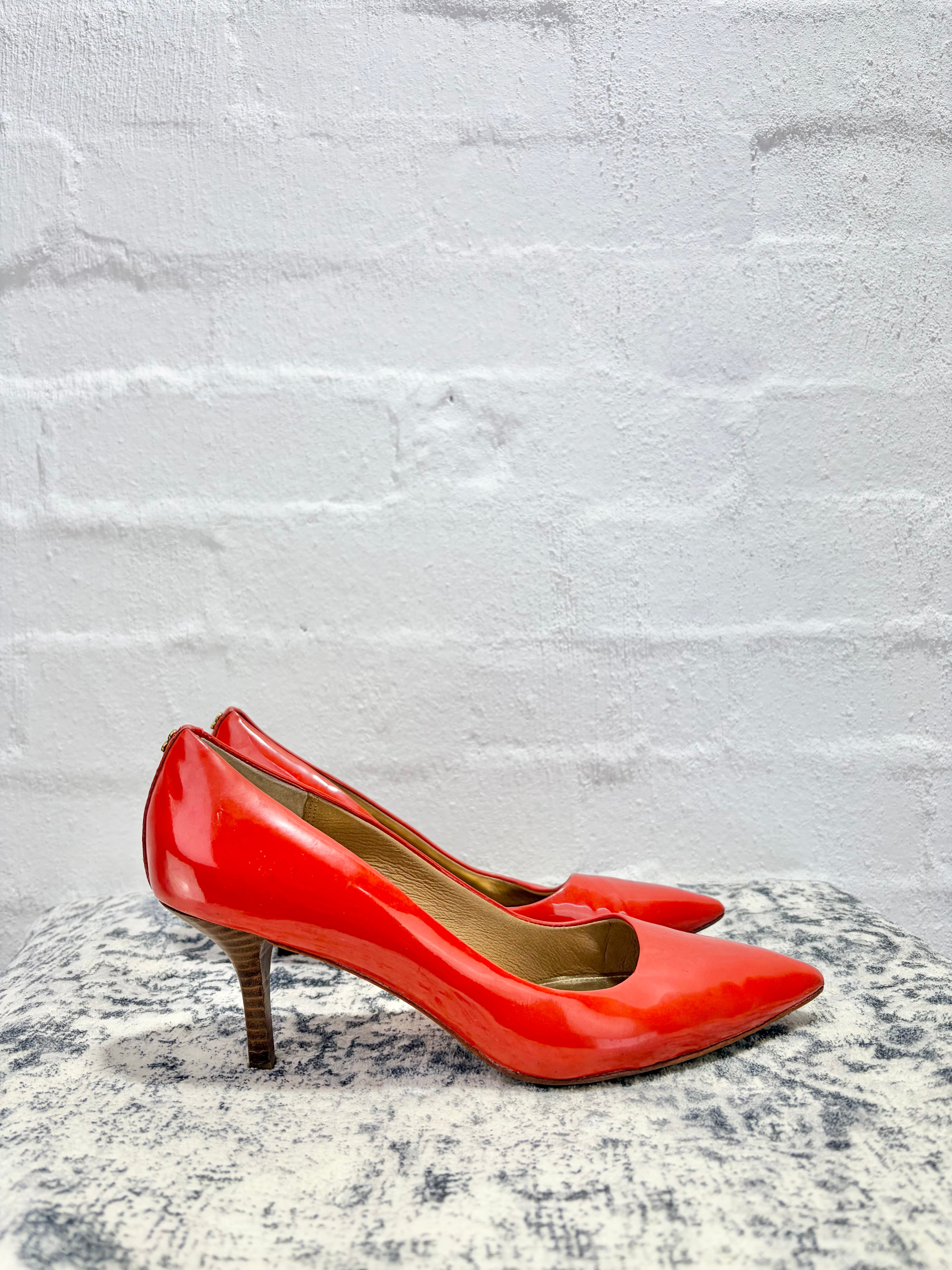Coach Red Orange Patent Pointed Kitten Heel - EU40