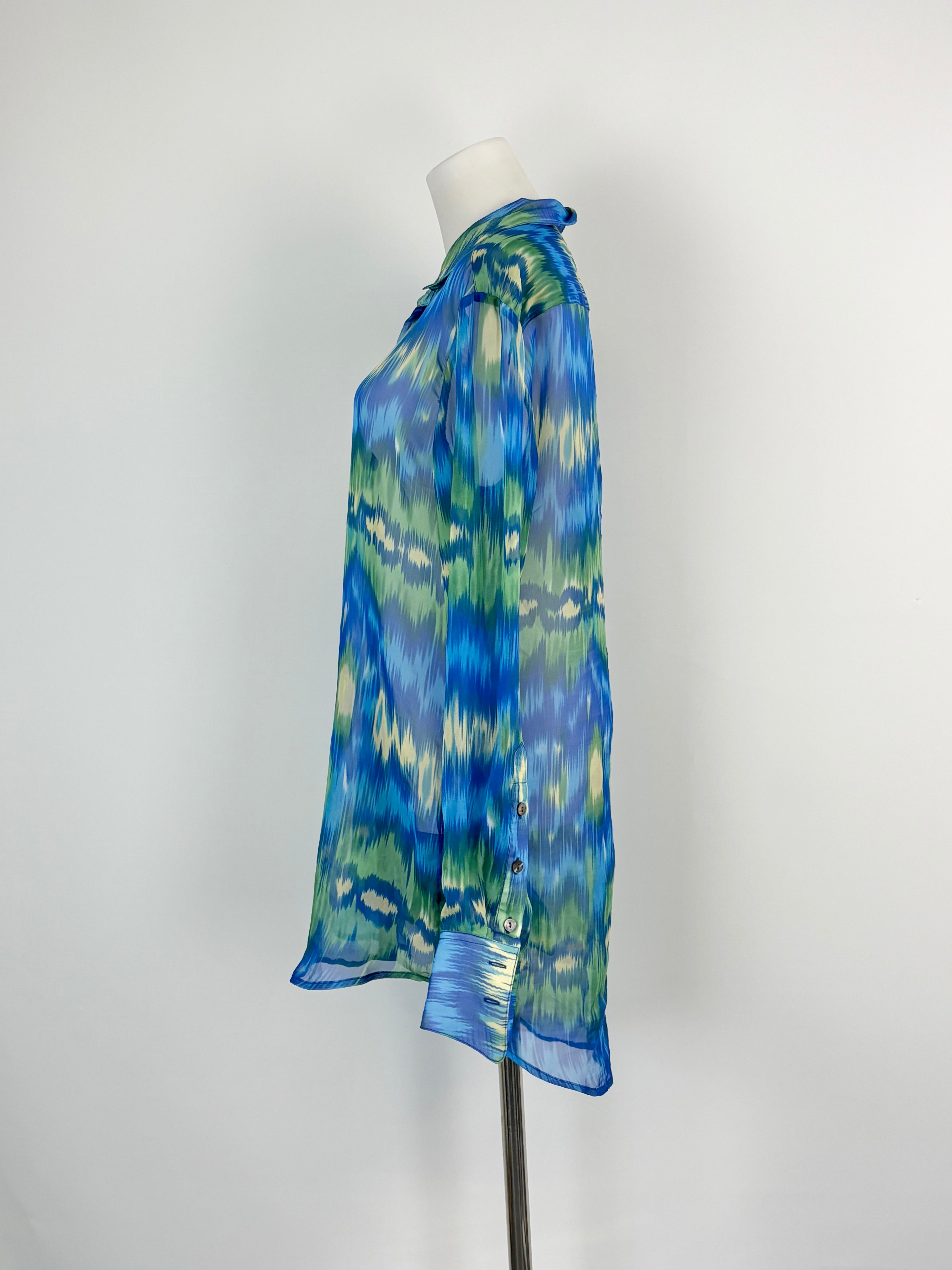 Ermanno Clothing Blue & Green Sheer Silk Shirt - AU8/10