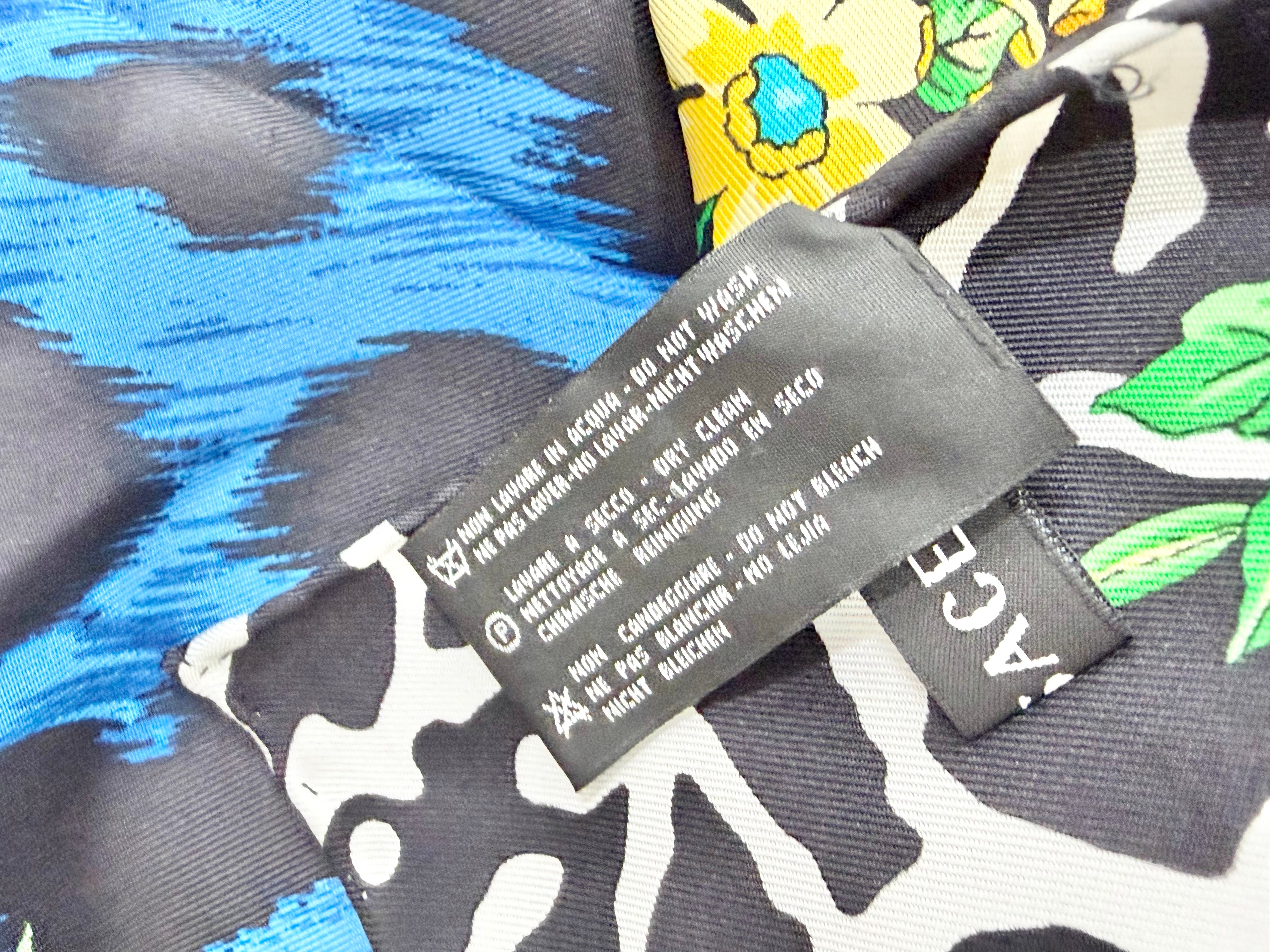 Versace Black Gold & Blue Leopard Print & Brocade Patterned Hand-Rolled Silk Scarf