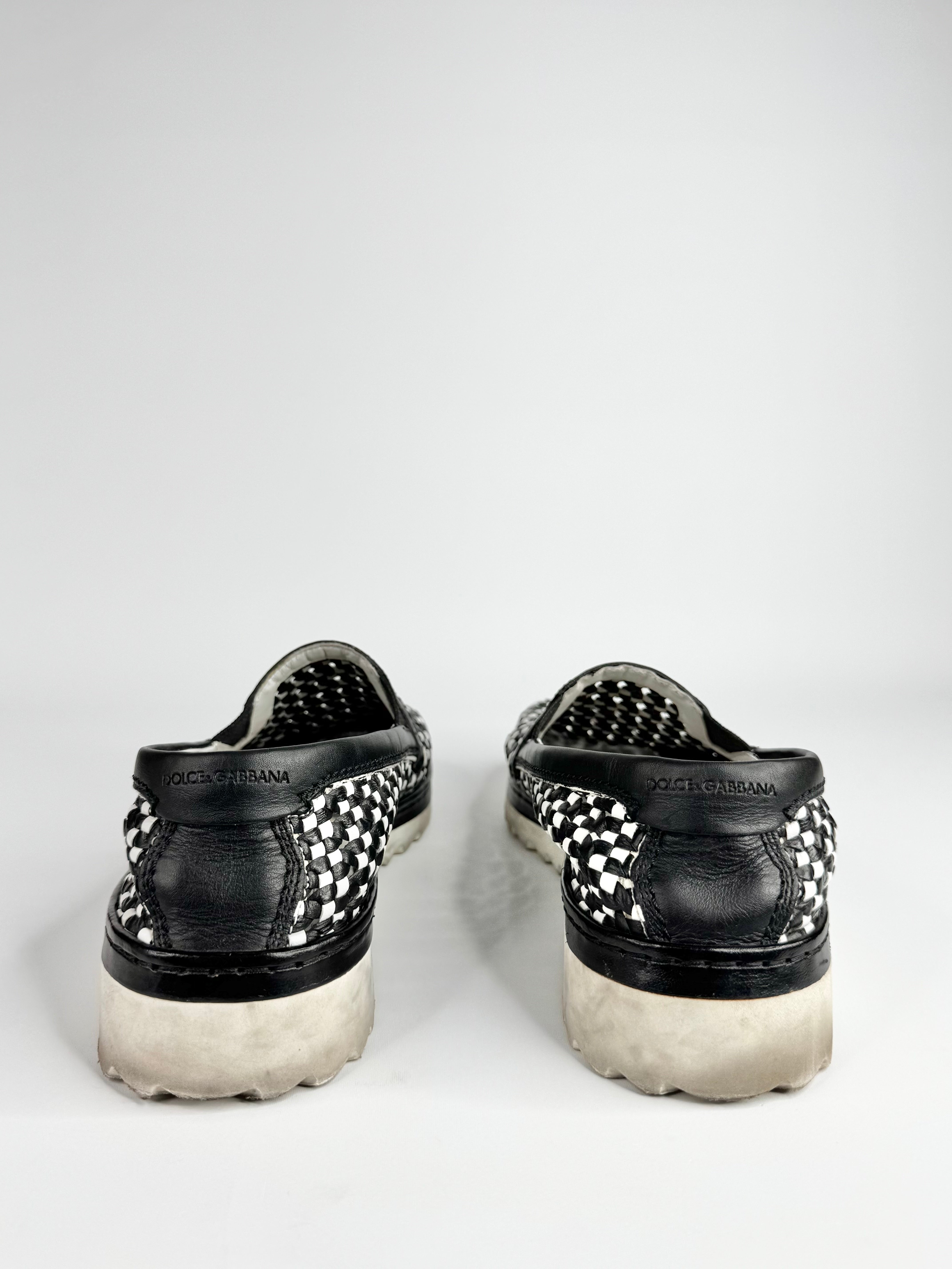 Dolce & Gabbana Black White Weaved Slip On Loafers - EU42