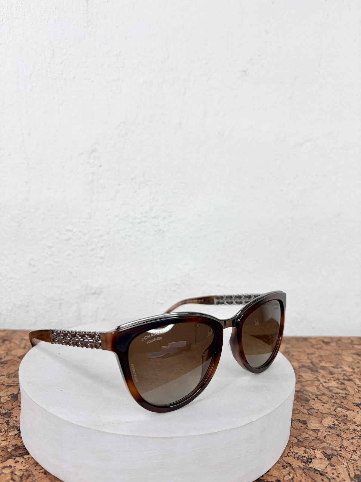Chanel Brown Chain & Leather Link Cat Eye Sunglasses