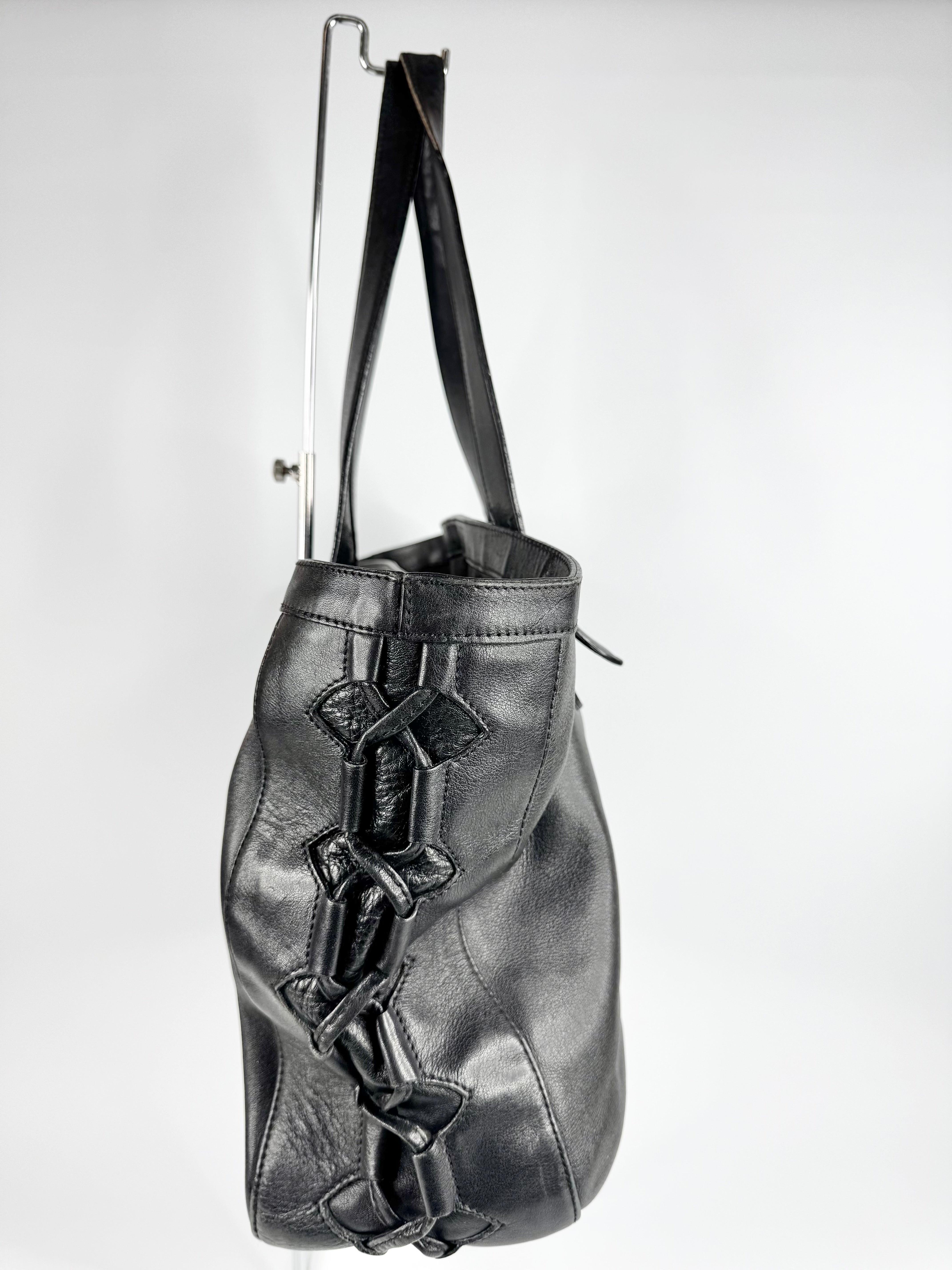 Roberto Cavalli Black Leather Corset Laced Tote Bag