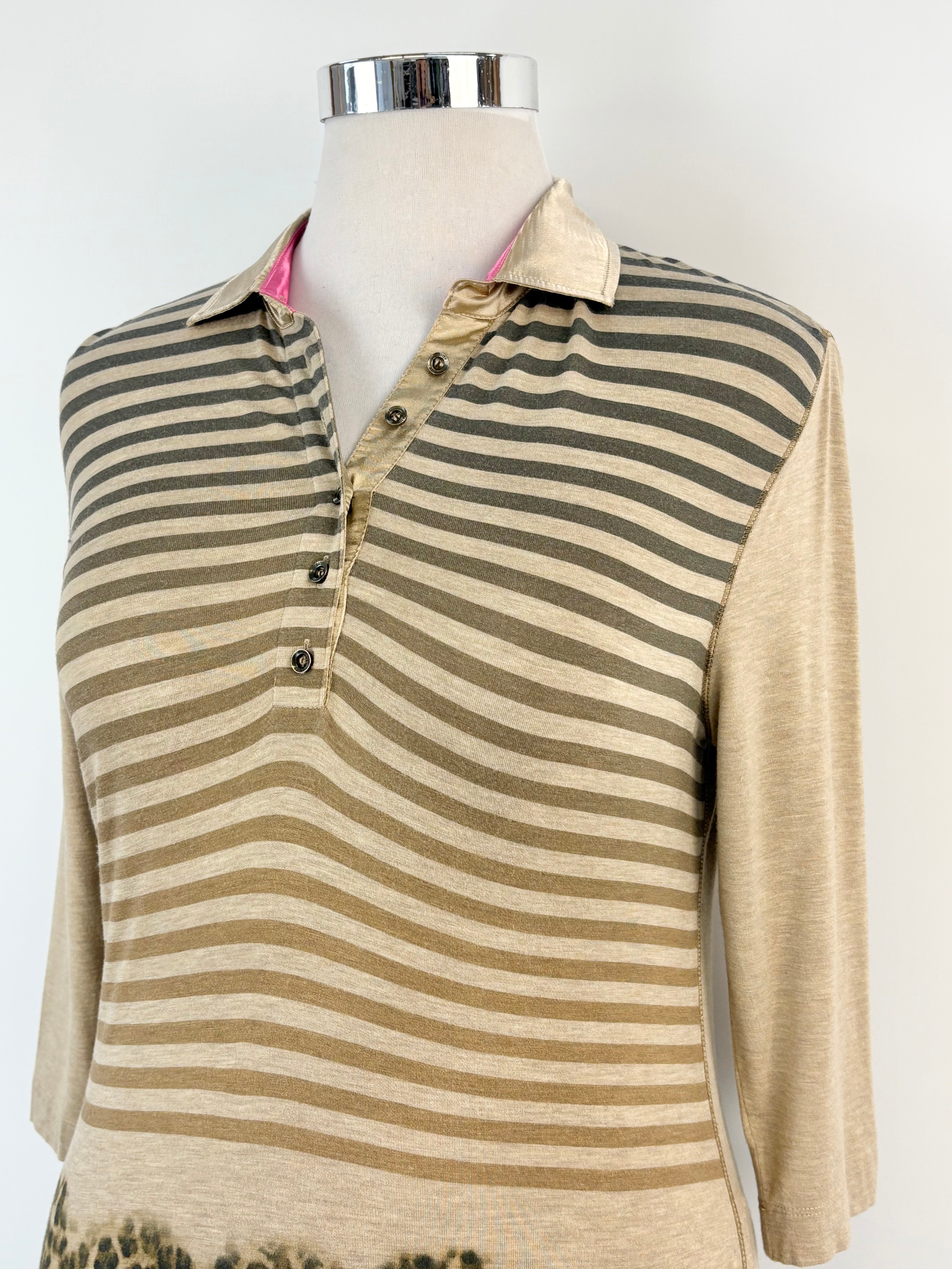 Basler Beige Striped & Animal-Print Long Sleeve Polo - AU14