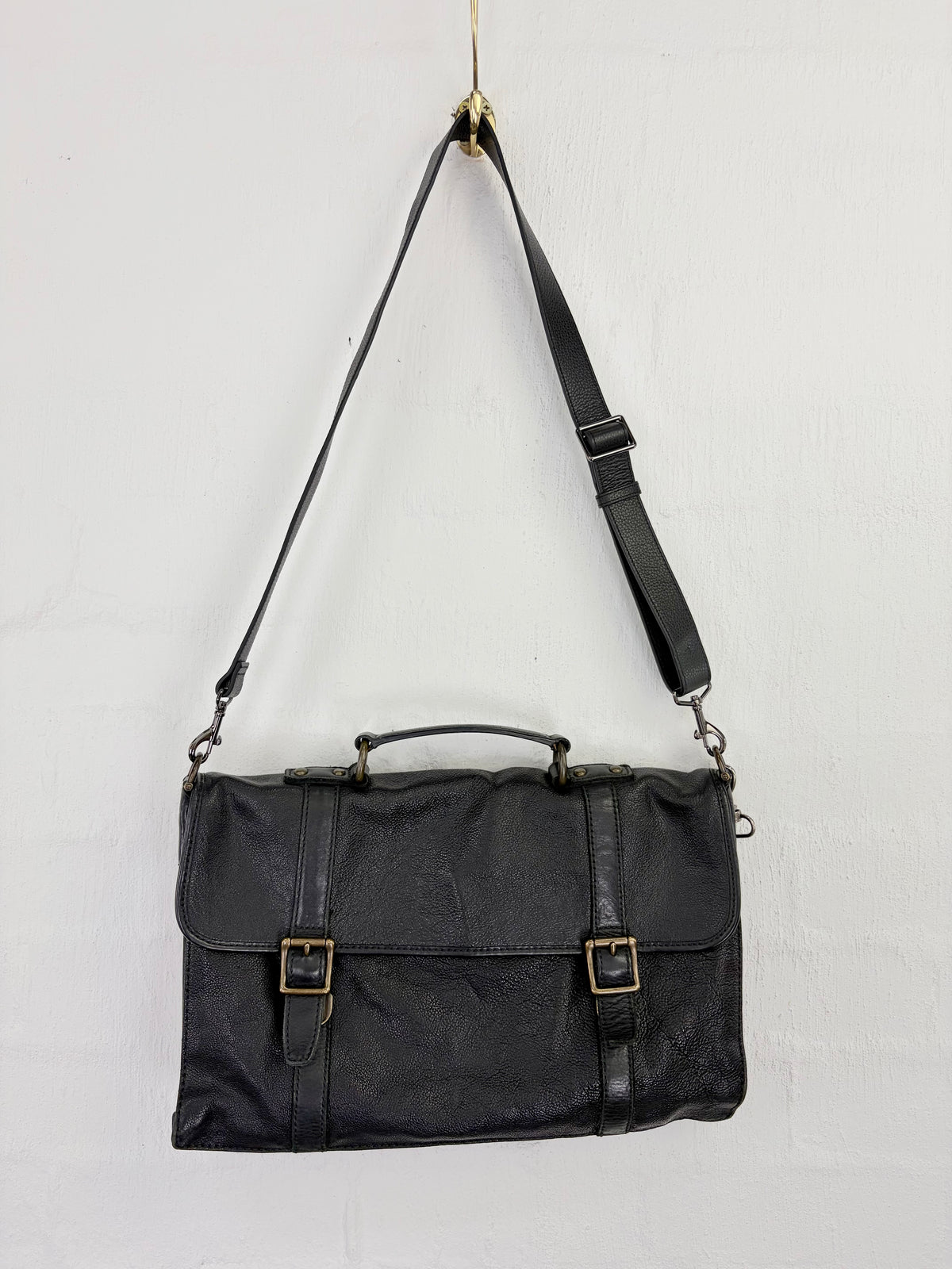 Fossil Black Grained Leather Messenger Bag