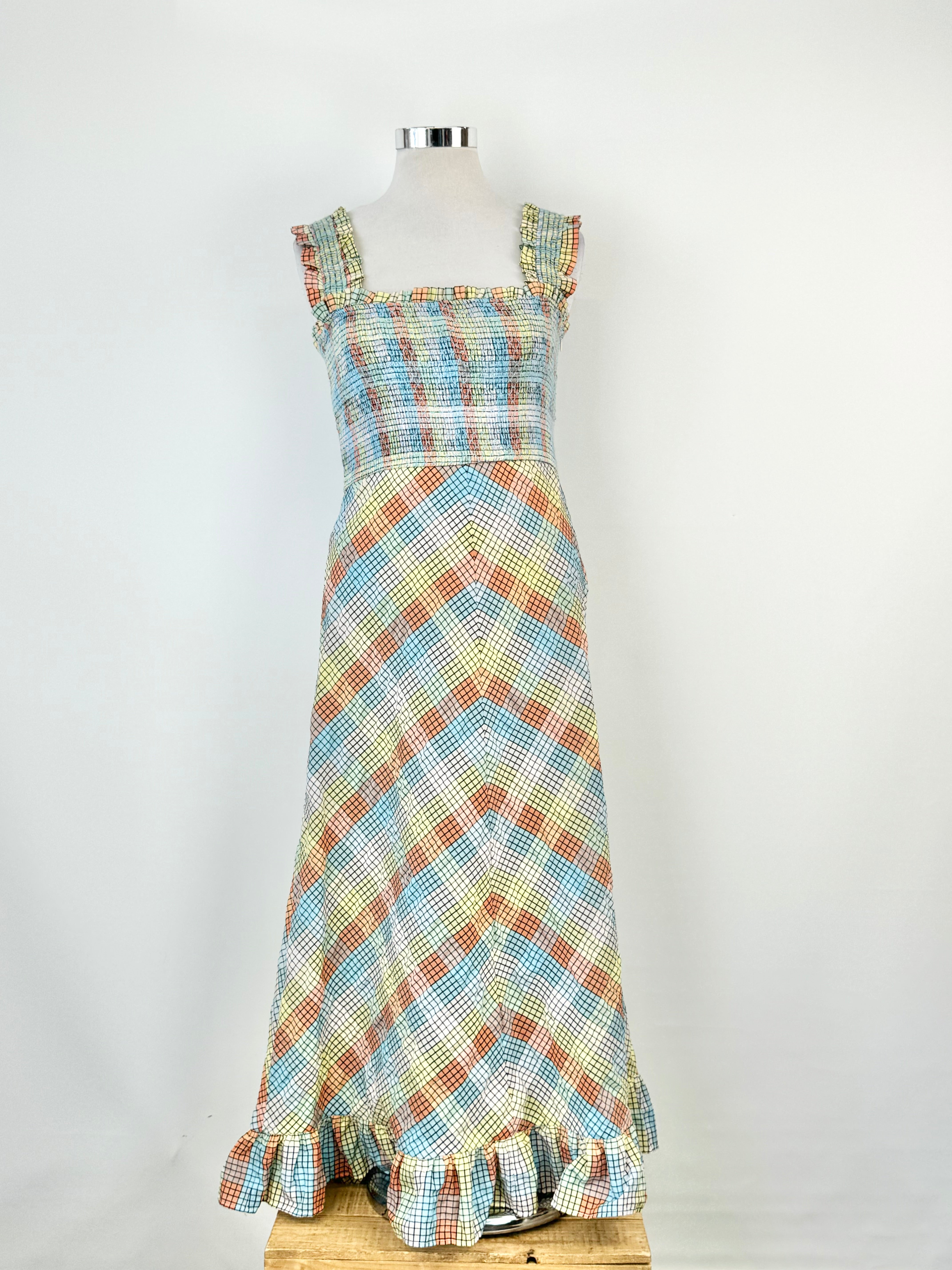 Ganni Pastel Plaid Seersucker Maxi Dress - AU12