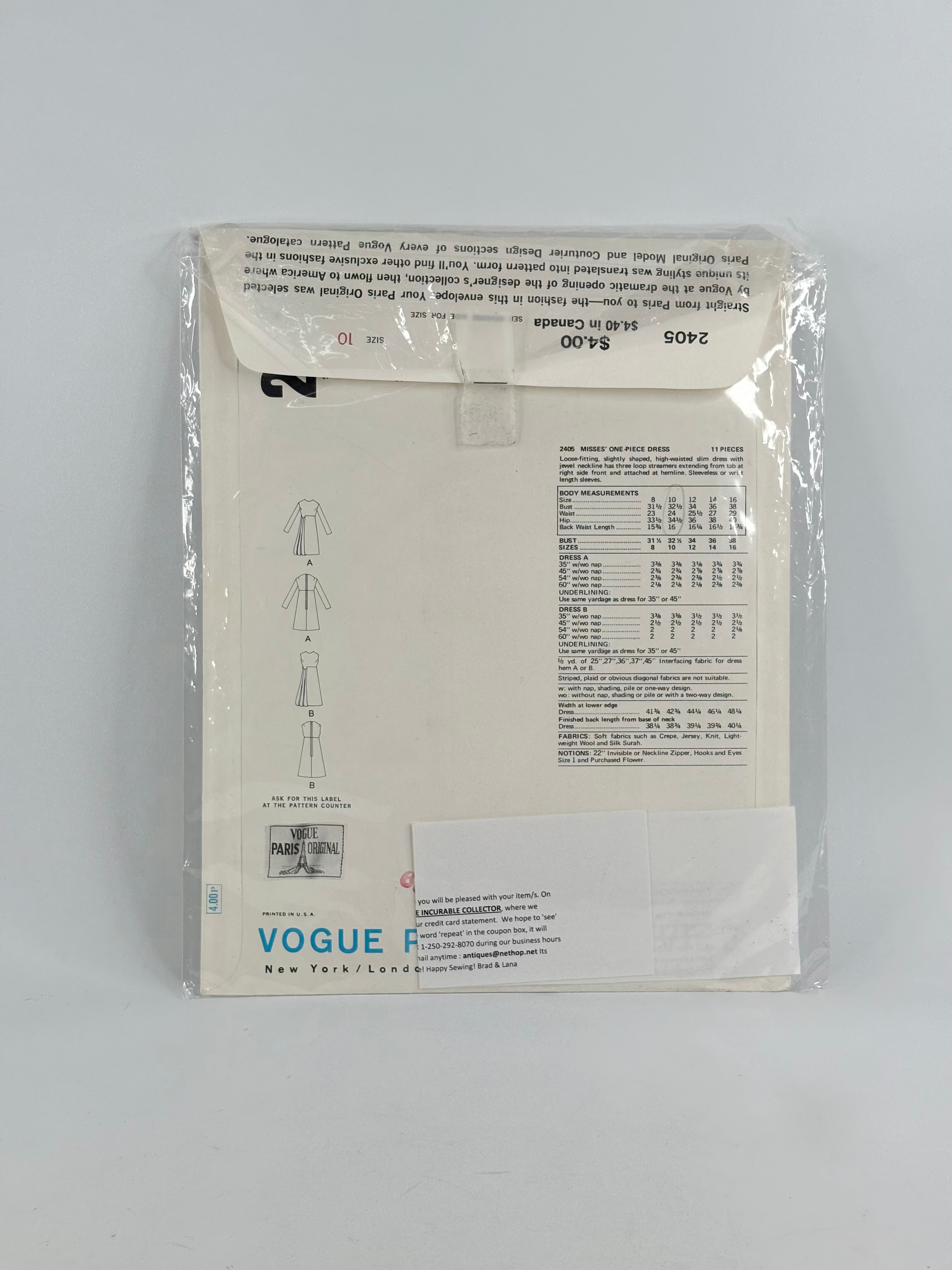 Vogue Paris Originals Pierre Cardin Dress: No. 2405 - Size 10