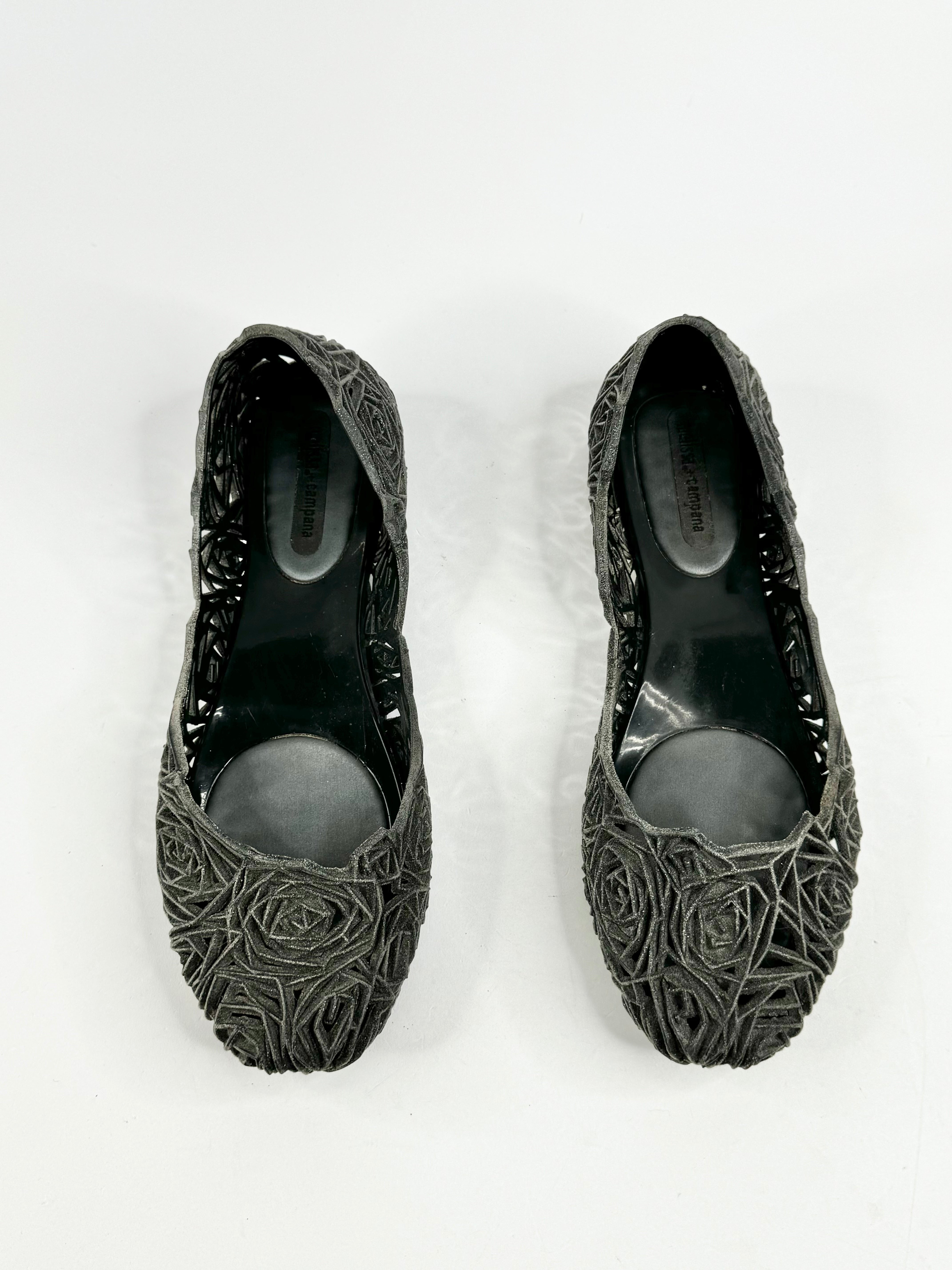 Melissa x Campana Black 3D Rose Ballet Flats - EU40