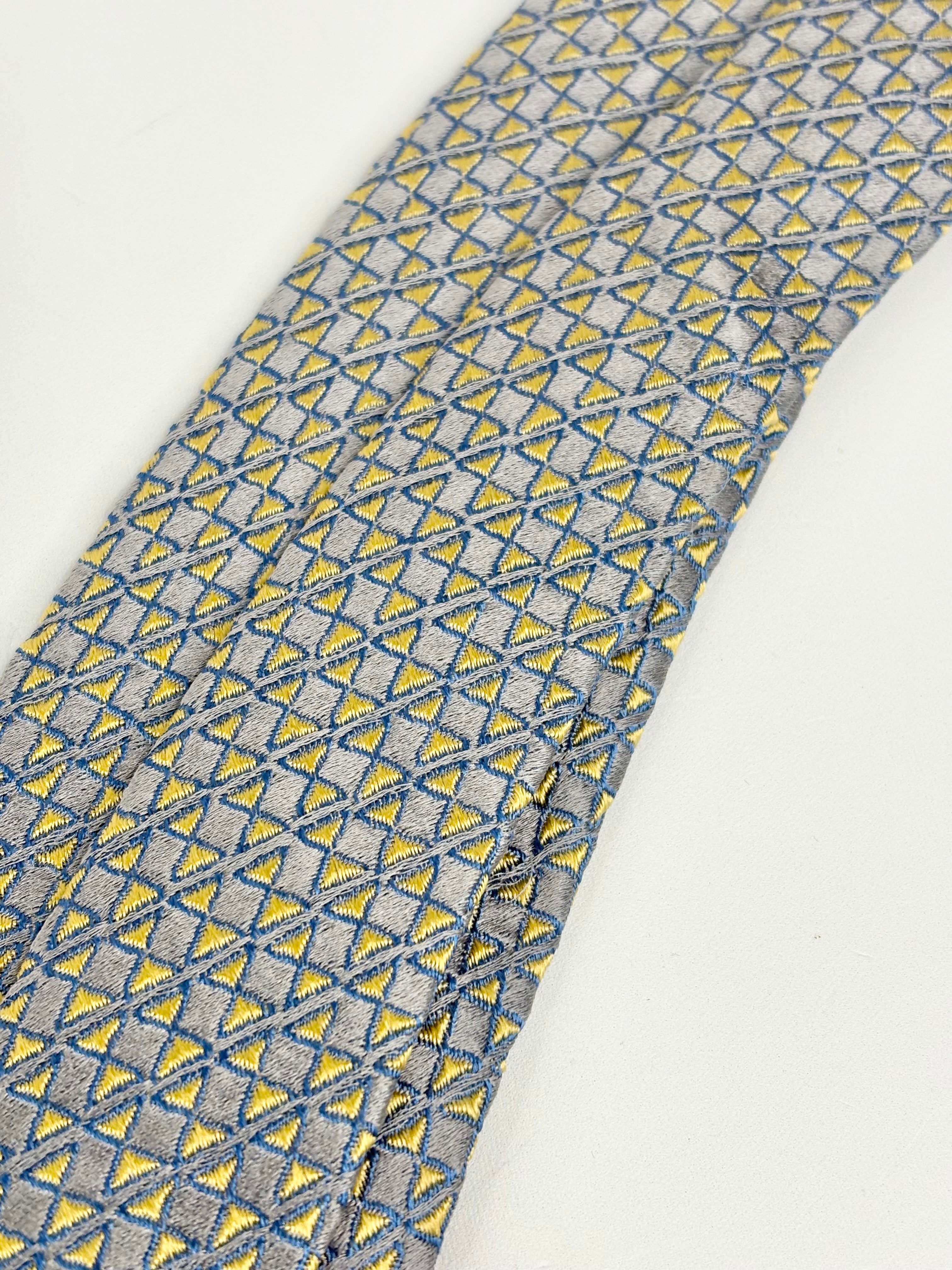 Vintage 90s Charvet Metallic Grey & Yellow Patterned Silk Tie