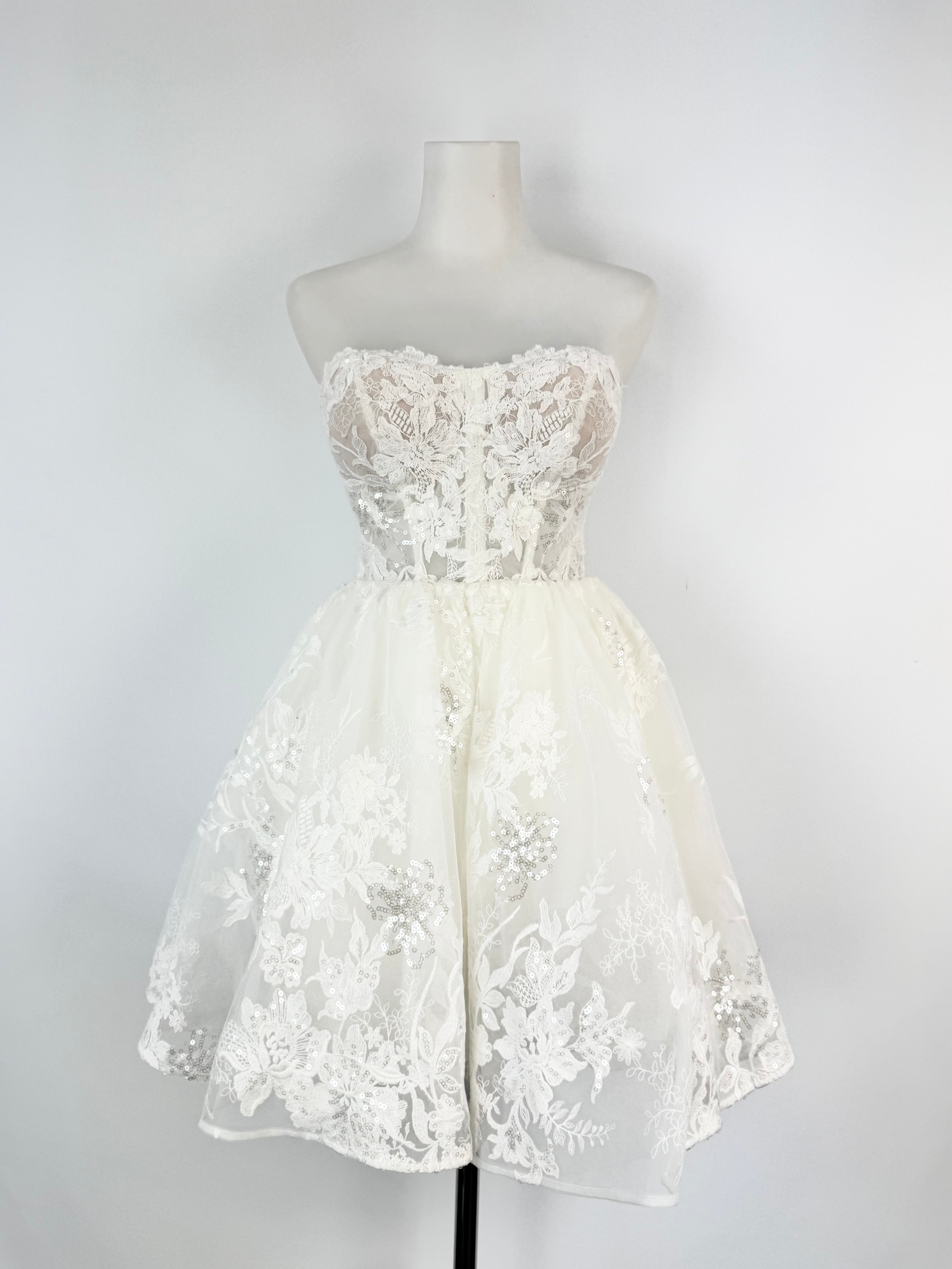 Kelly Lin Soft Ivory Strapless Lace Embellished Mini Dress - AU6