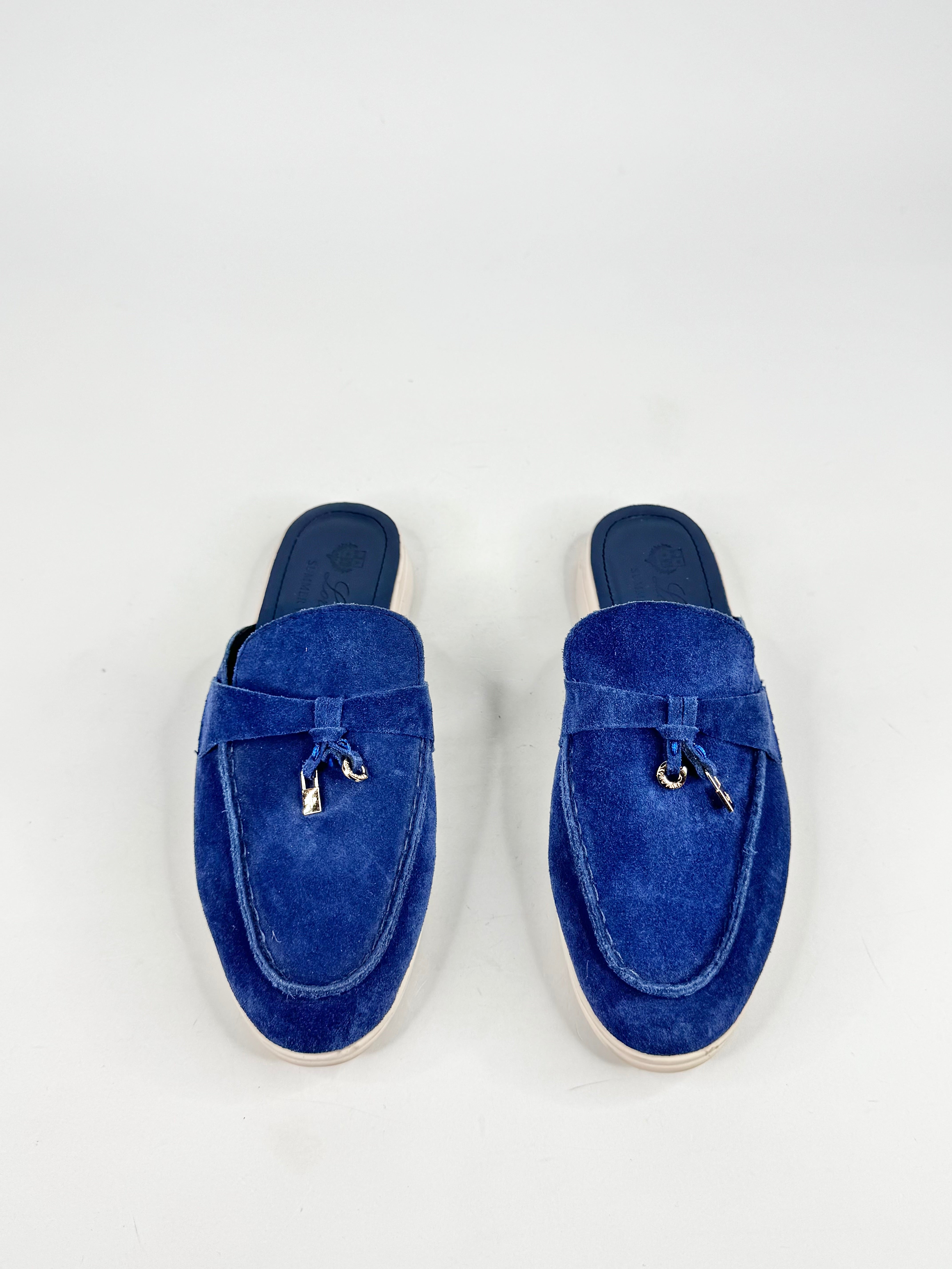 Loro Piana Blue Suede Babouche Charm Embellished Mules - EU38