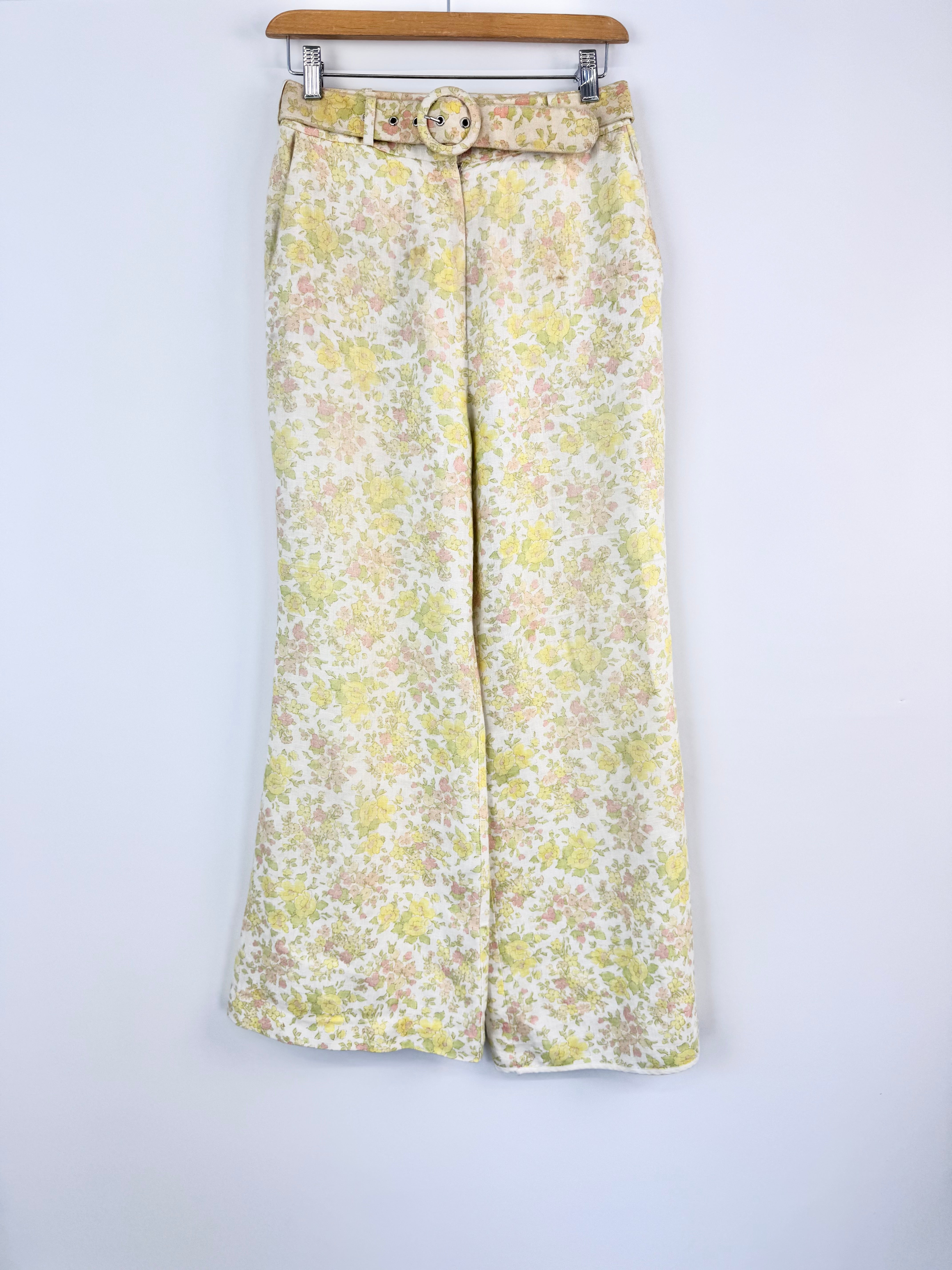 Zimmermann Yellow Floral Printed Linen Belted Wide Leg Trousers - AU8/10