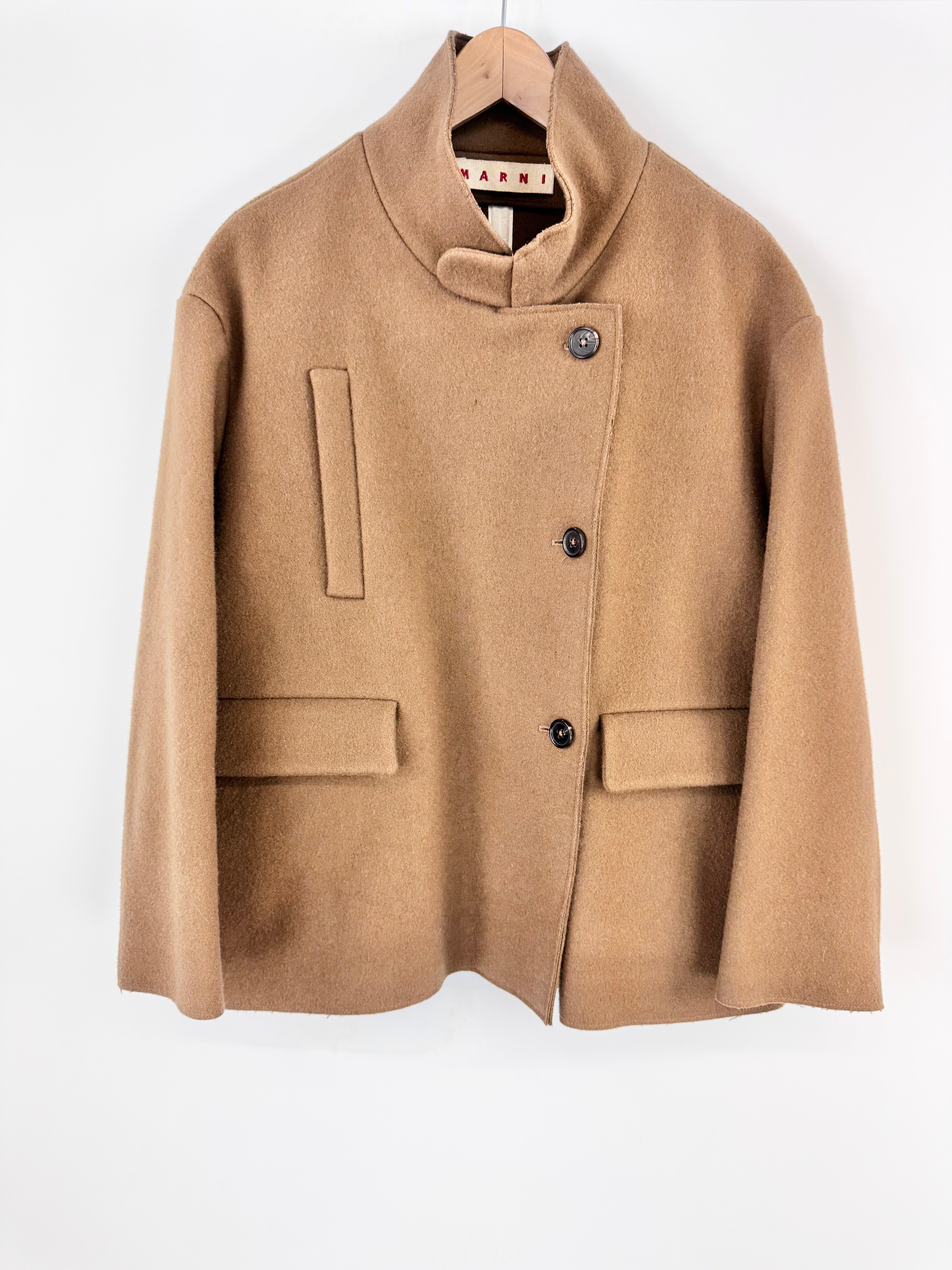 Marni Camel Asymmetrical Buttoned Wool Swing Coat - AU8/10