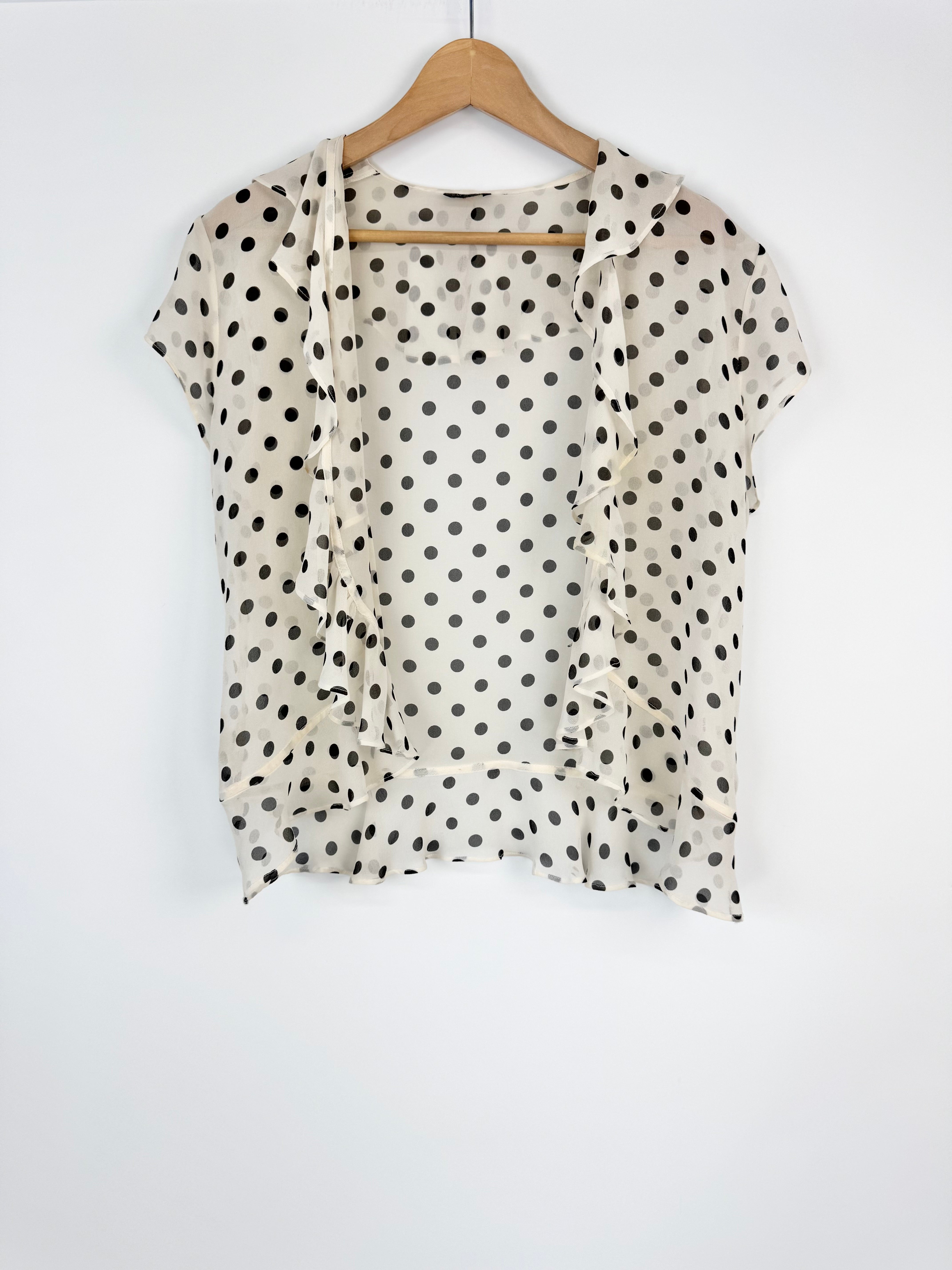 Carla Zampatti Black and Cream Spotted Frilled Edge Short Sleeve Top - AU10