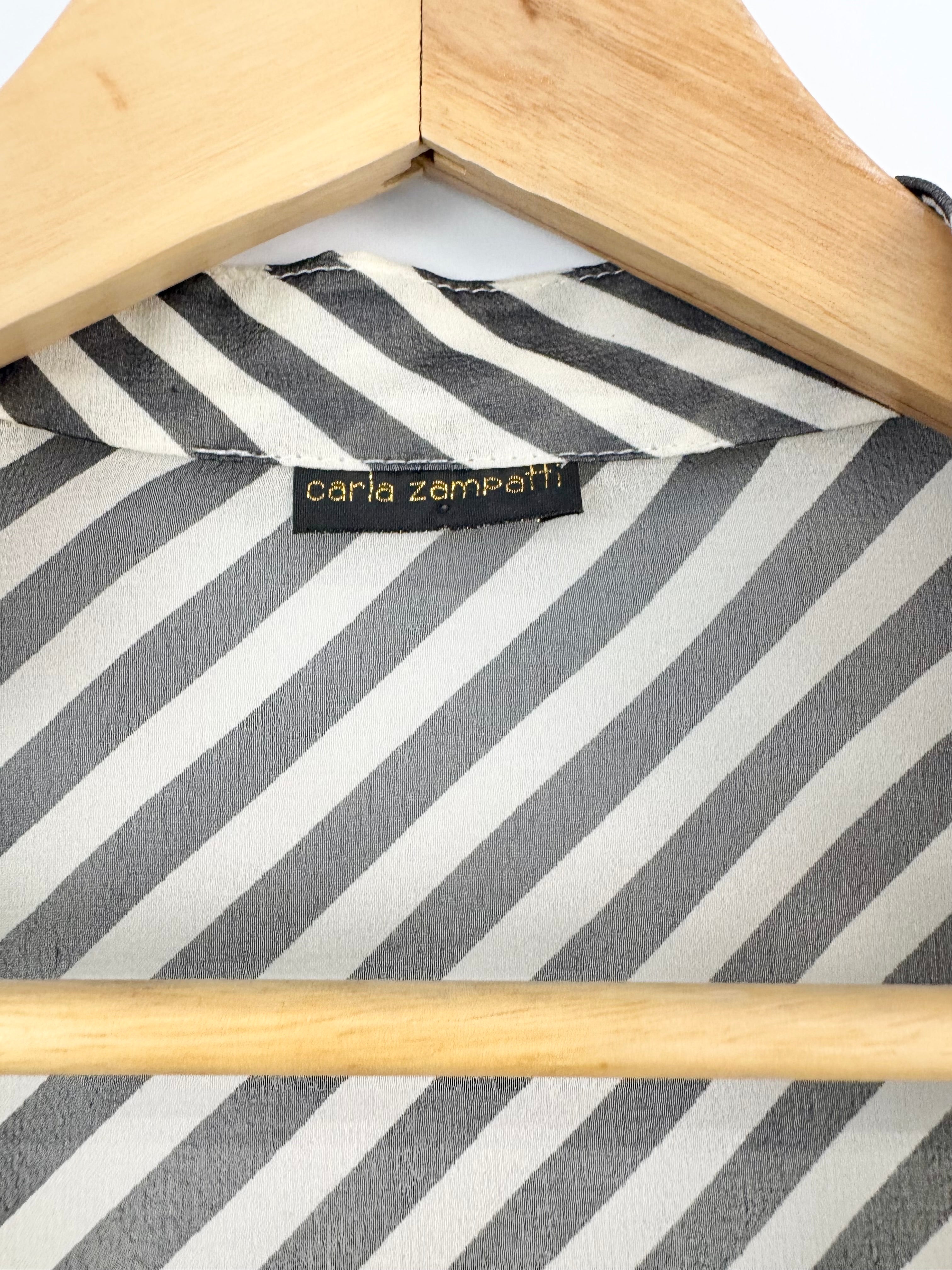 Carla Zampatti Black and Cream Sheer Stripe Silk Blouse - AU8