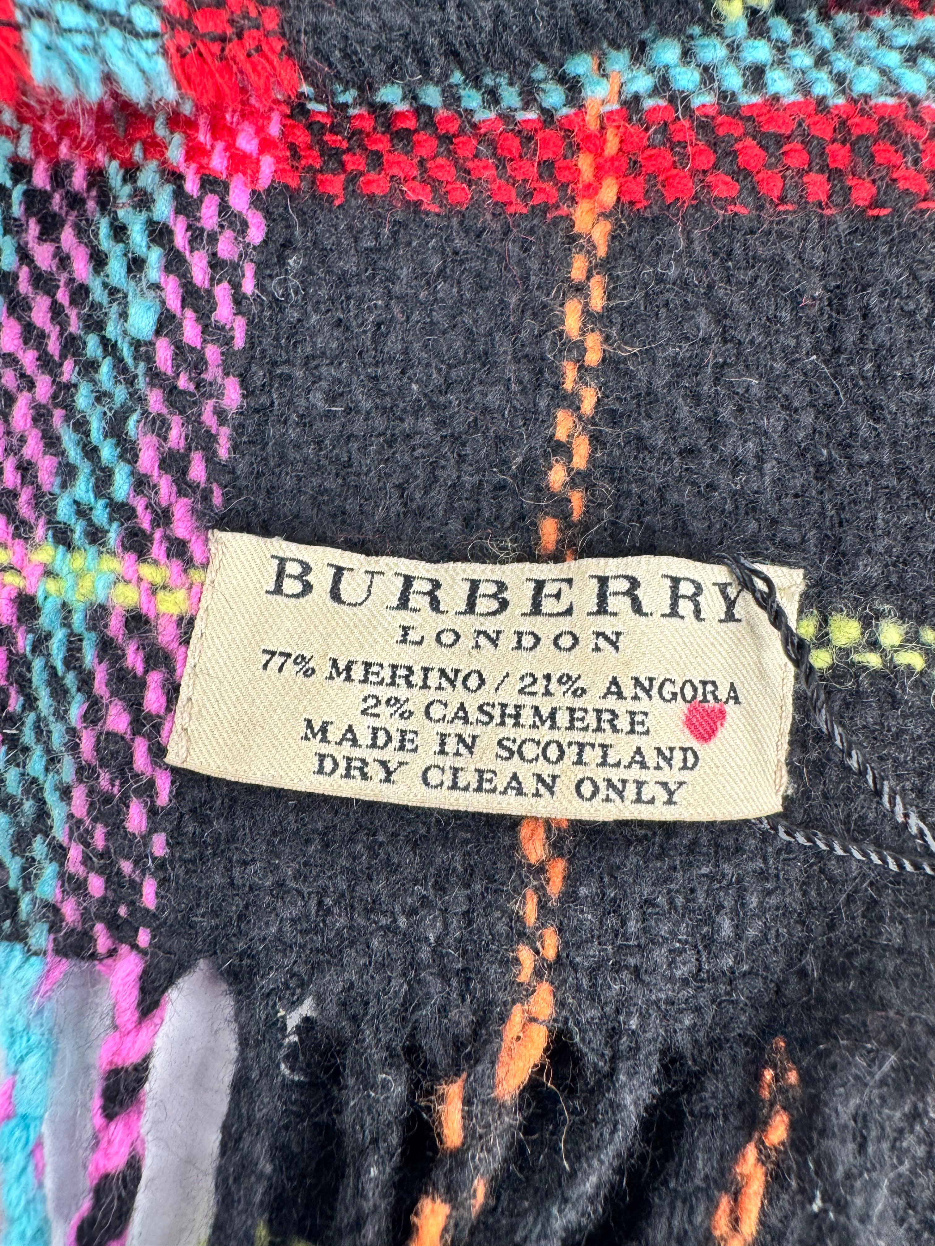 Burberry London Black, Pink, Red & Blue Plaid Angora Blend Woven Scarf