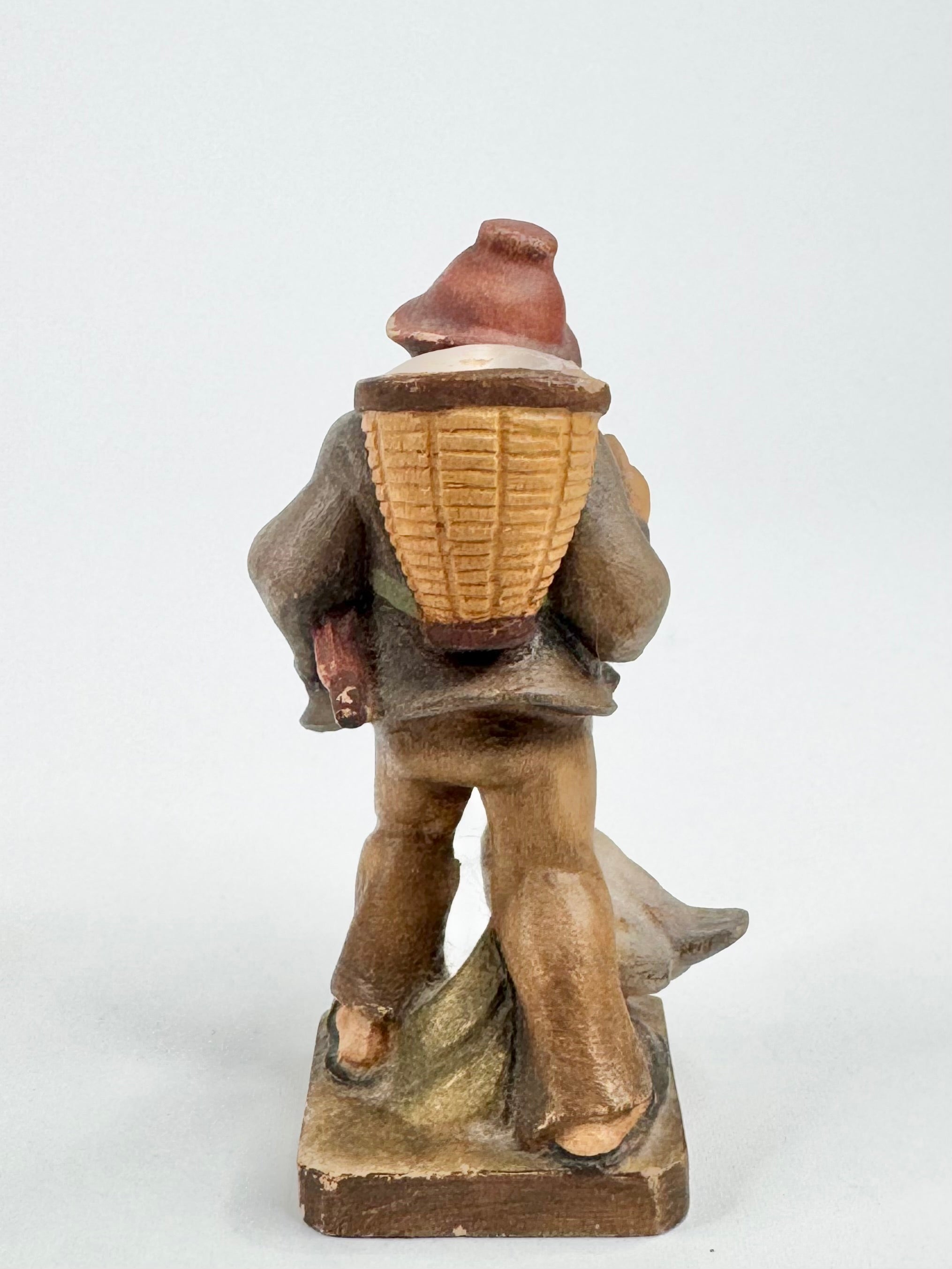 Vintage Carved Boy & Goose Wooden Figurine