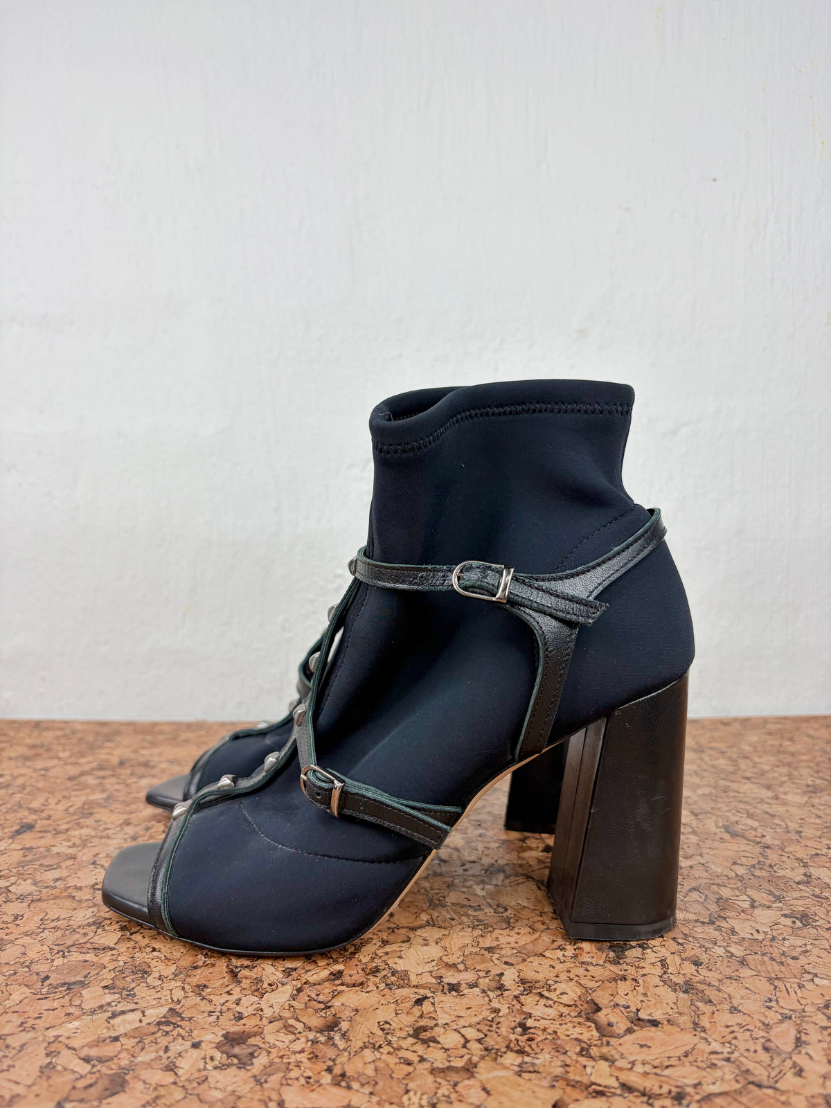 OVYÉ Black Neoprene & Leather Caged Studded Block Heels - EU39