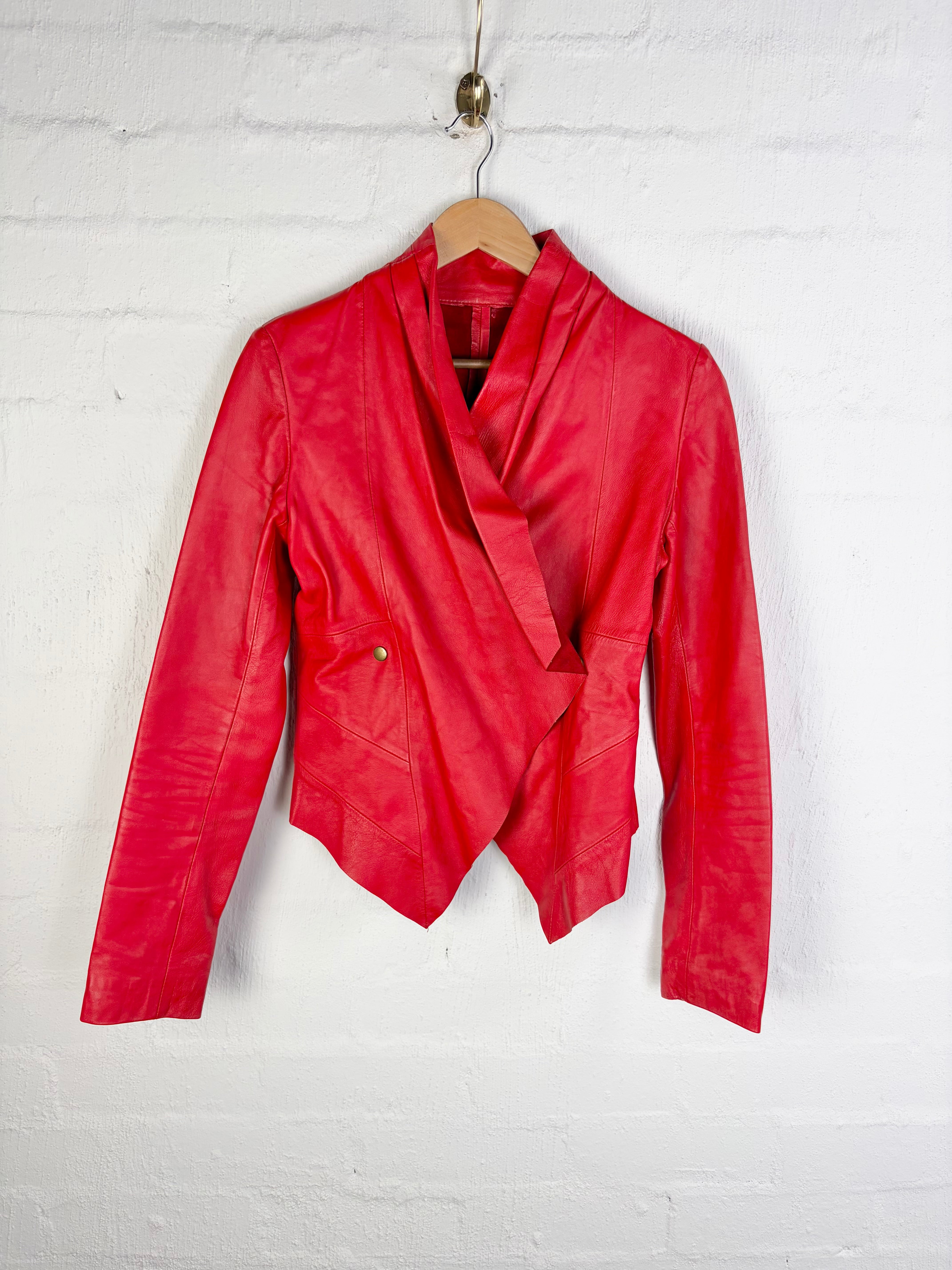 Rose Red Asymmetrical Leather Jacket - AU10