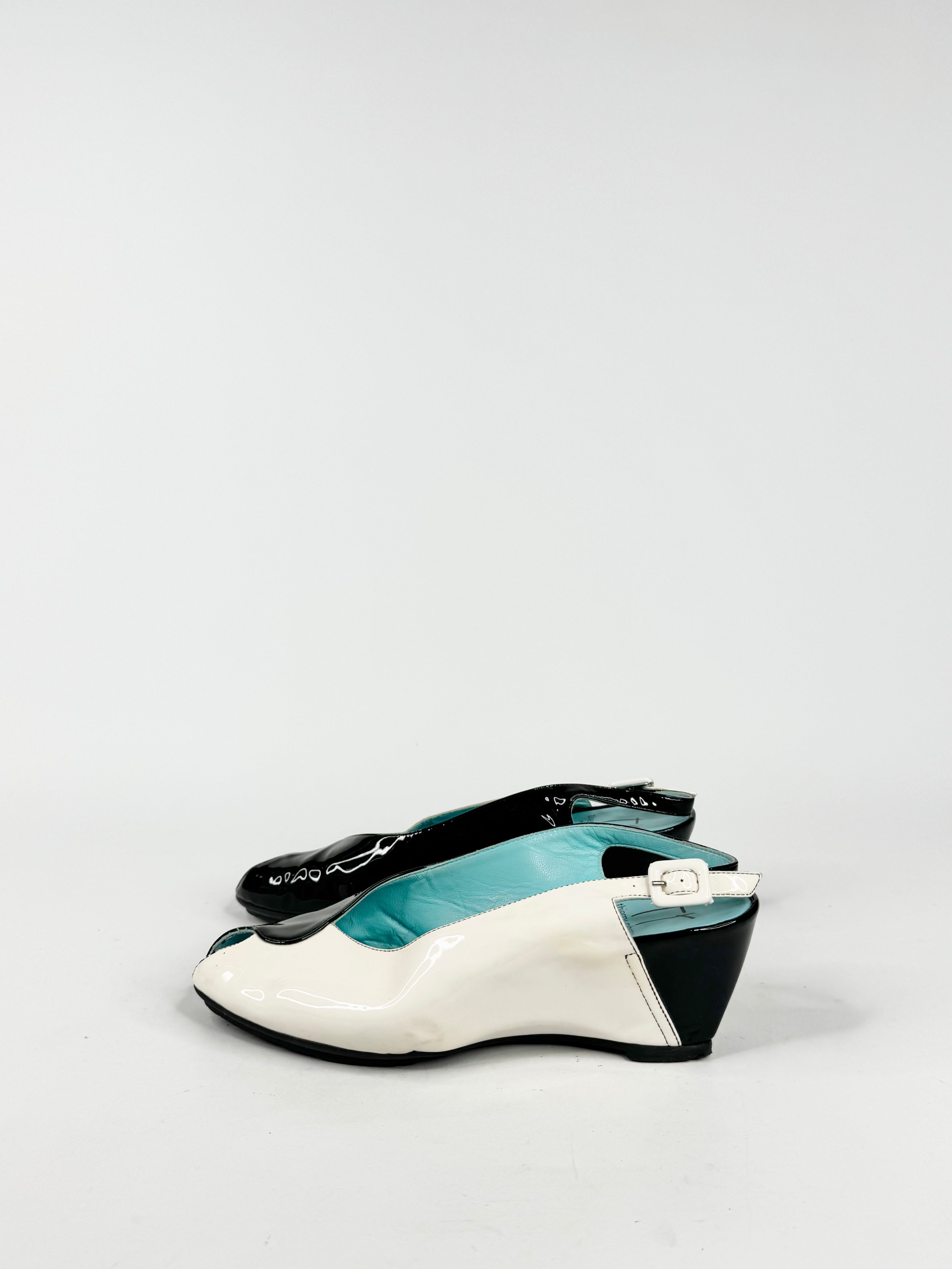 Thierry Black & White Patent Leather Peep Toe Wedges - EU38