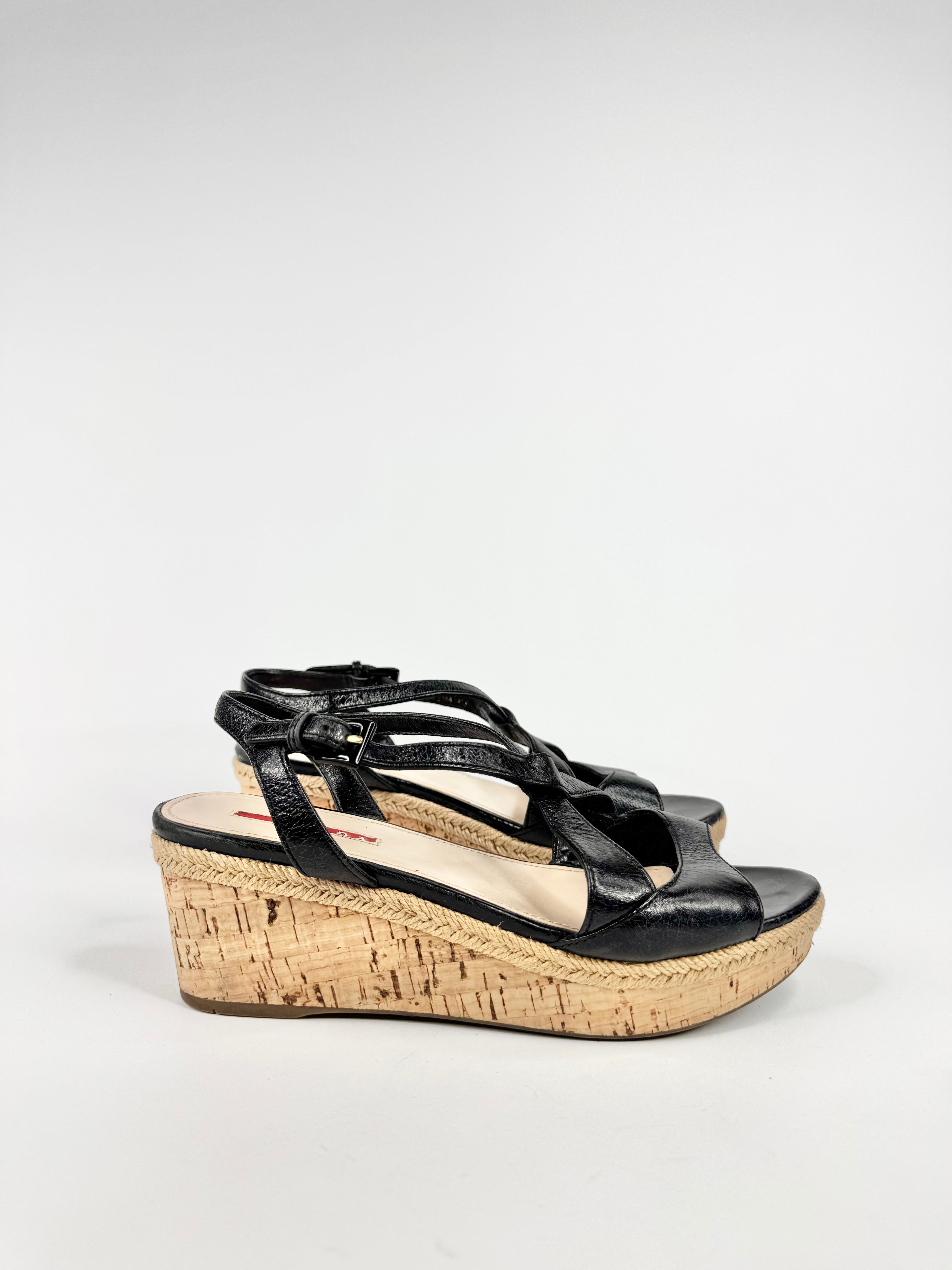 Prada Black Leather Peep Toe Cork Wedge Sandals - EU37.5