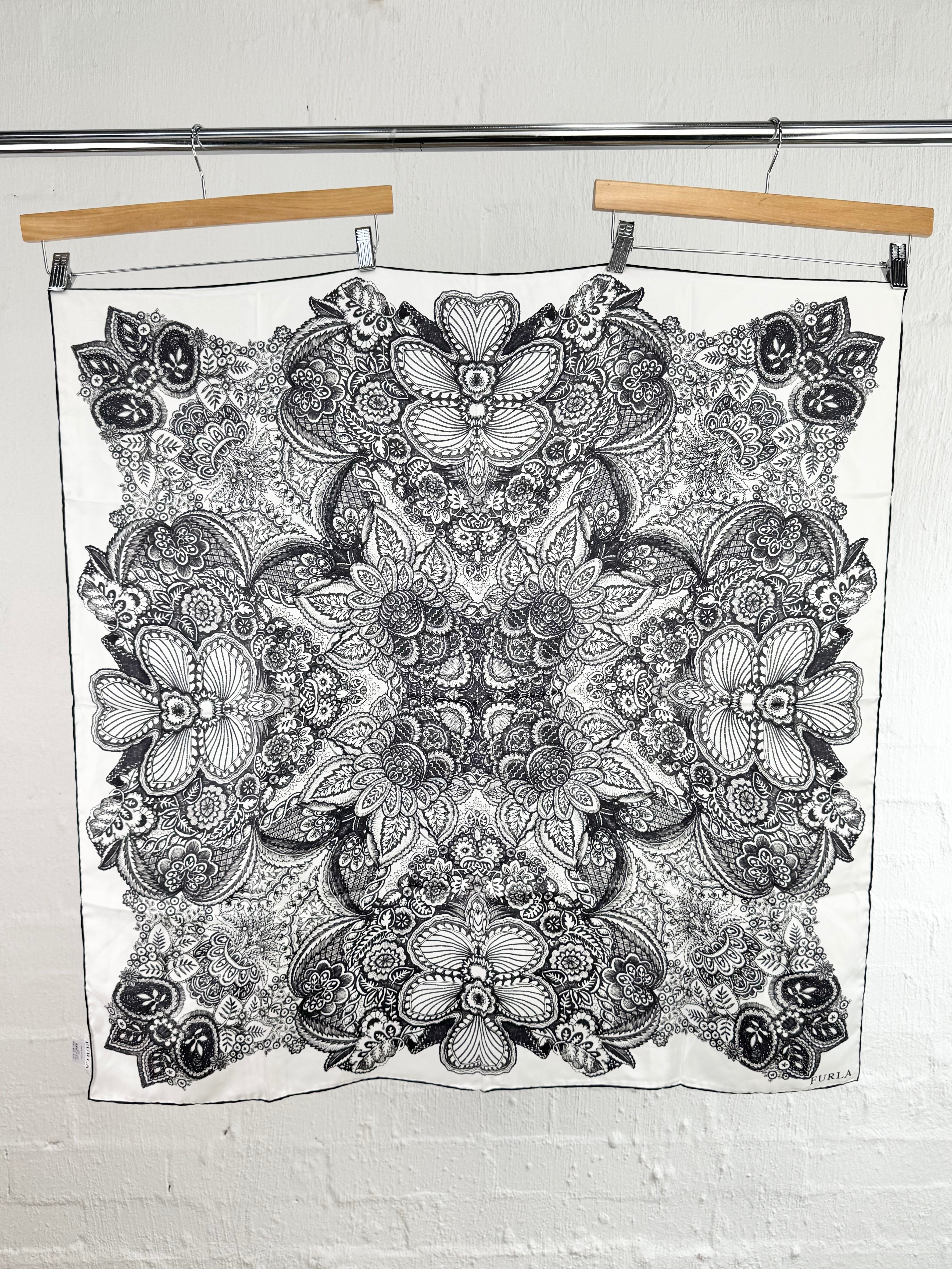 Furla Black & White Illustrated Hand-Rolled Square Silk Scarf