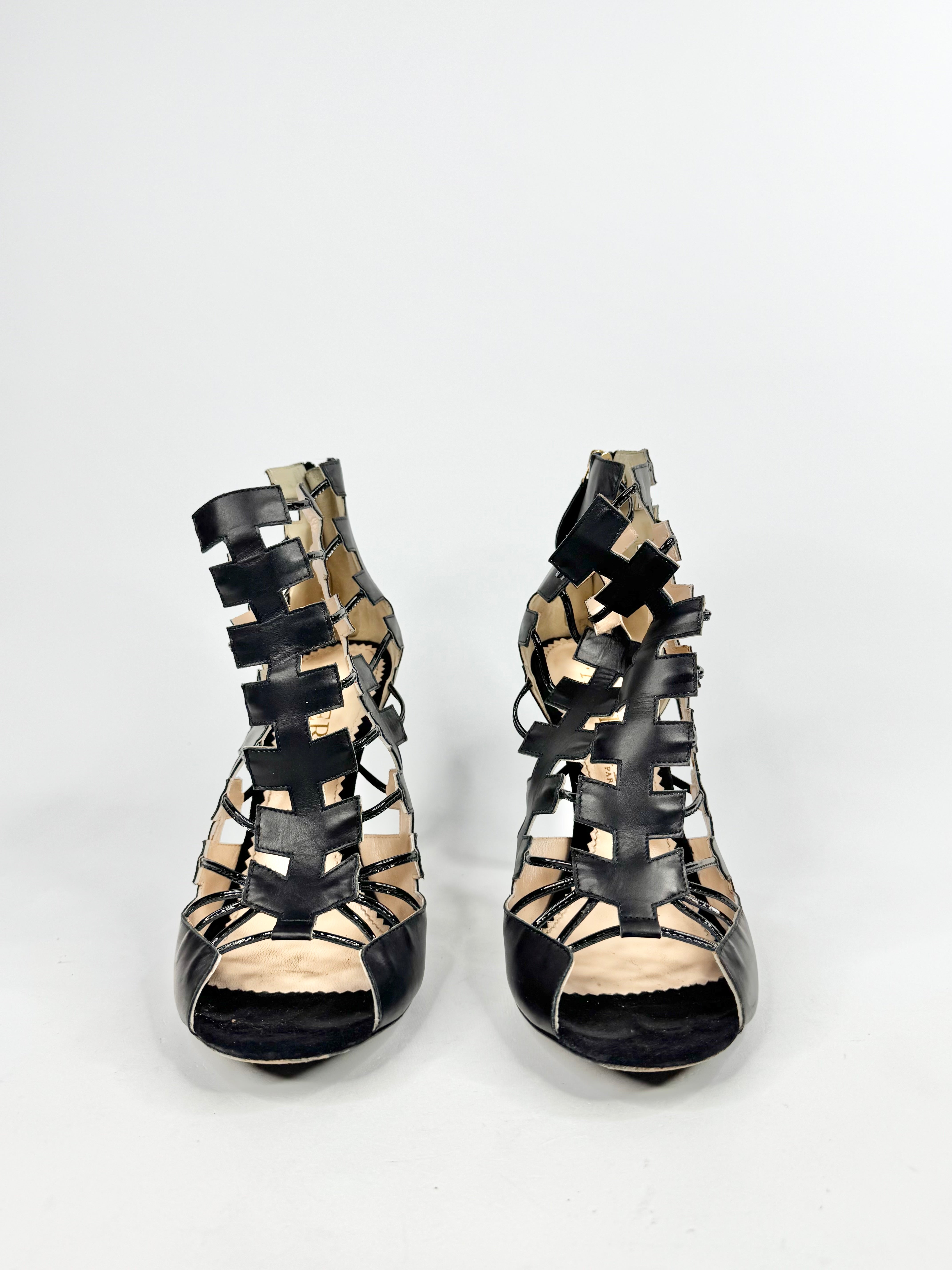 Aperlai Paris Black Leather 'Cross Booties' Stilettos - EU41