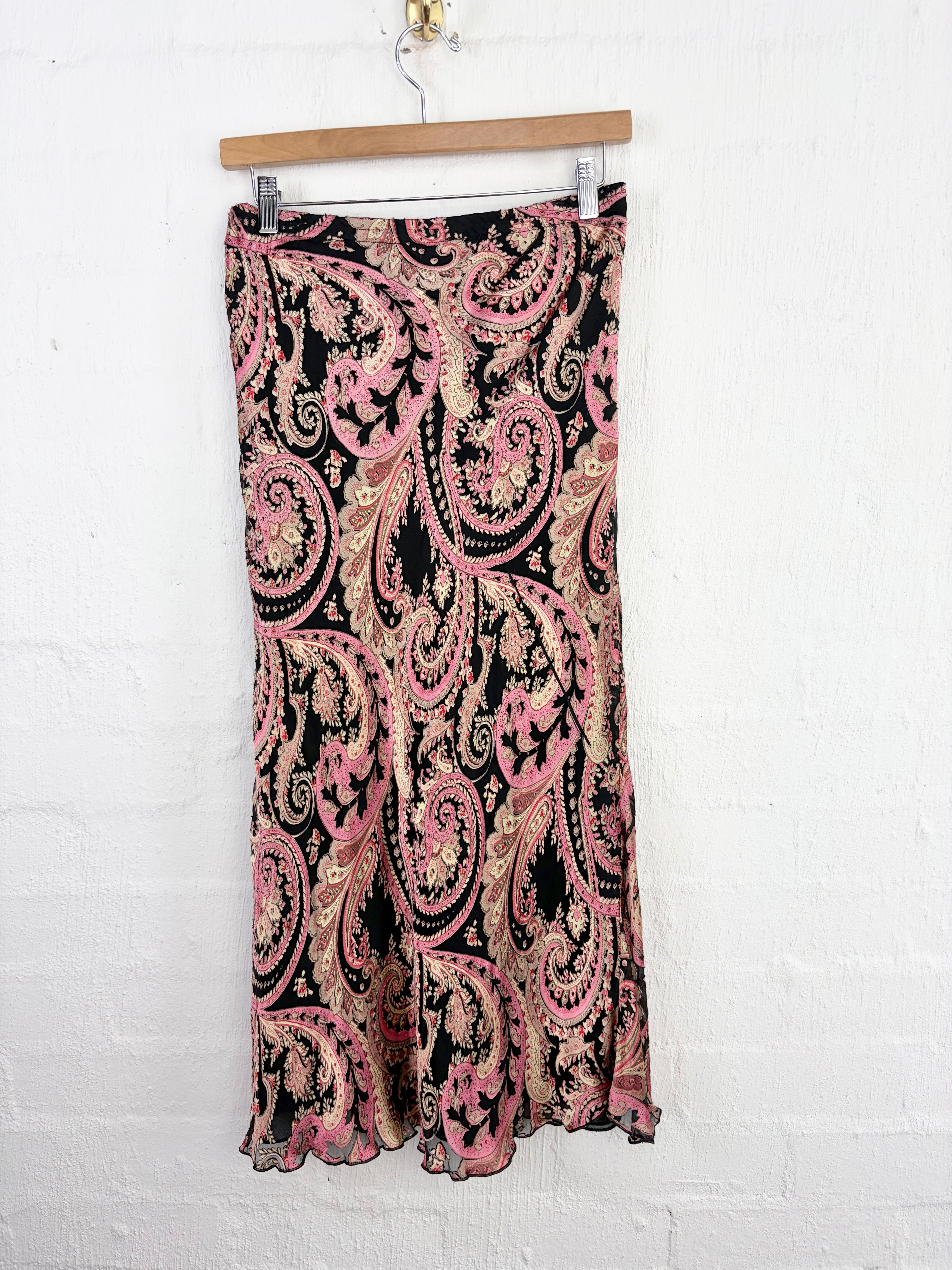 90s Bias Cut Pink & Black Paisley Pattern Midi Skirt - AU12