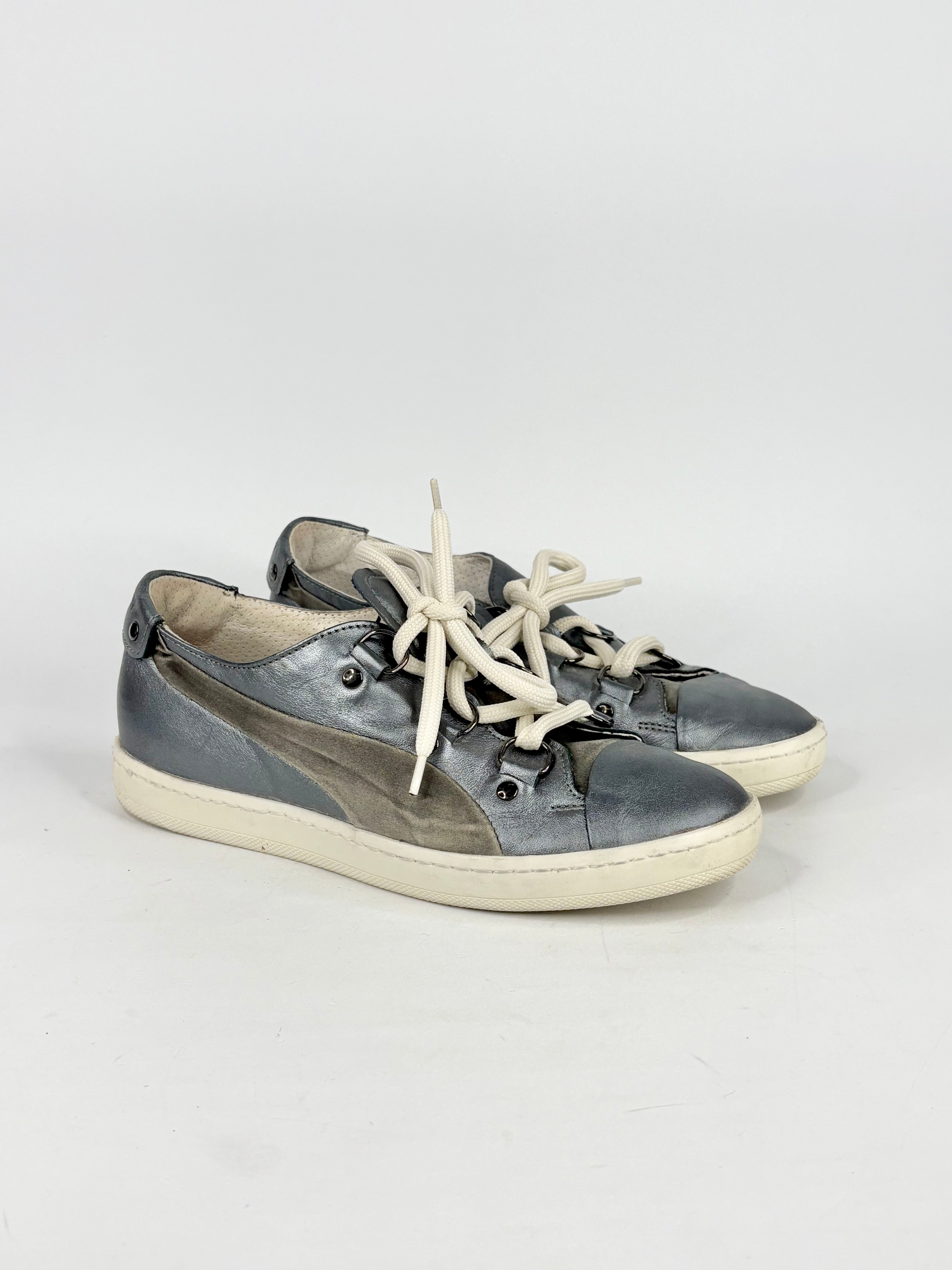 Alexander McQueen x Puma Metallic Gunmetal Grey Leather Sneakers - EU37