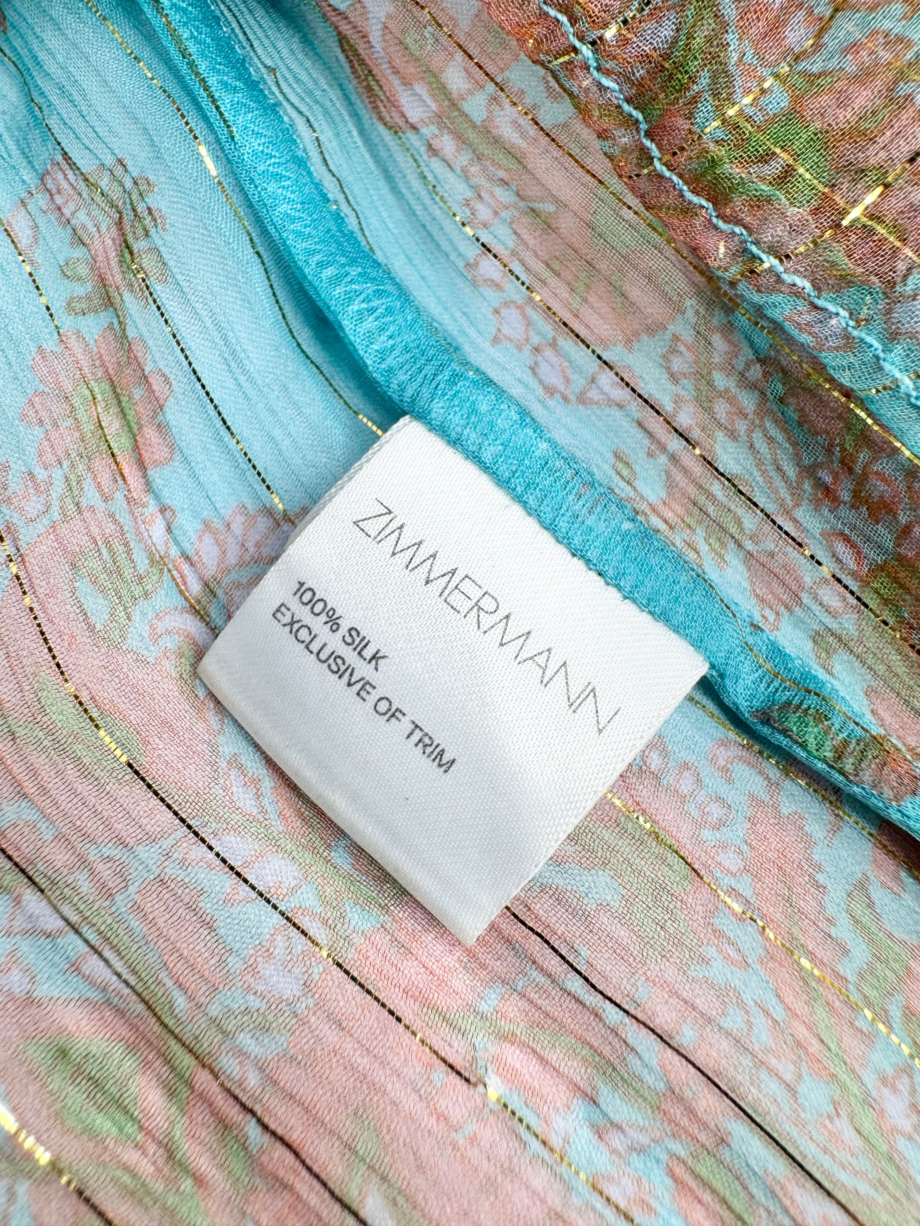 Zimmermann Sheer Turquoise Silk Floral Patterned Blouse - AU8/10