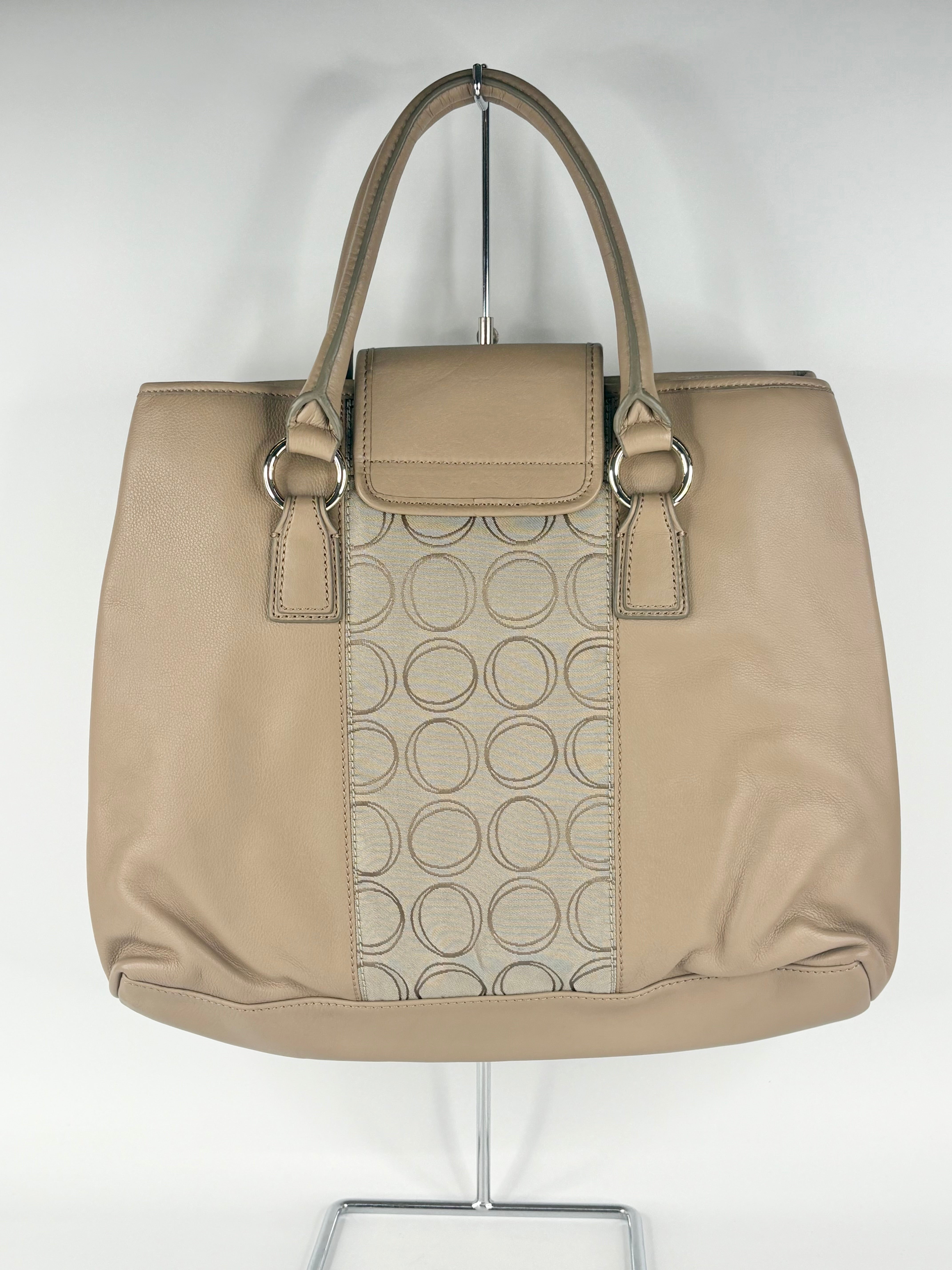 Oroton Beige Leather & Monogrammed Panel Handbag