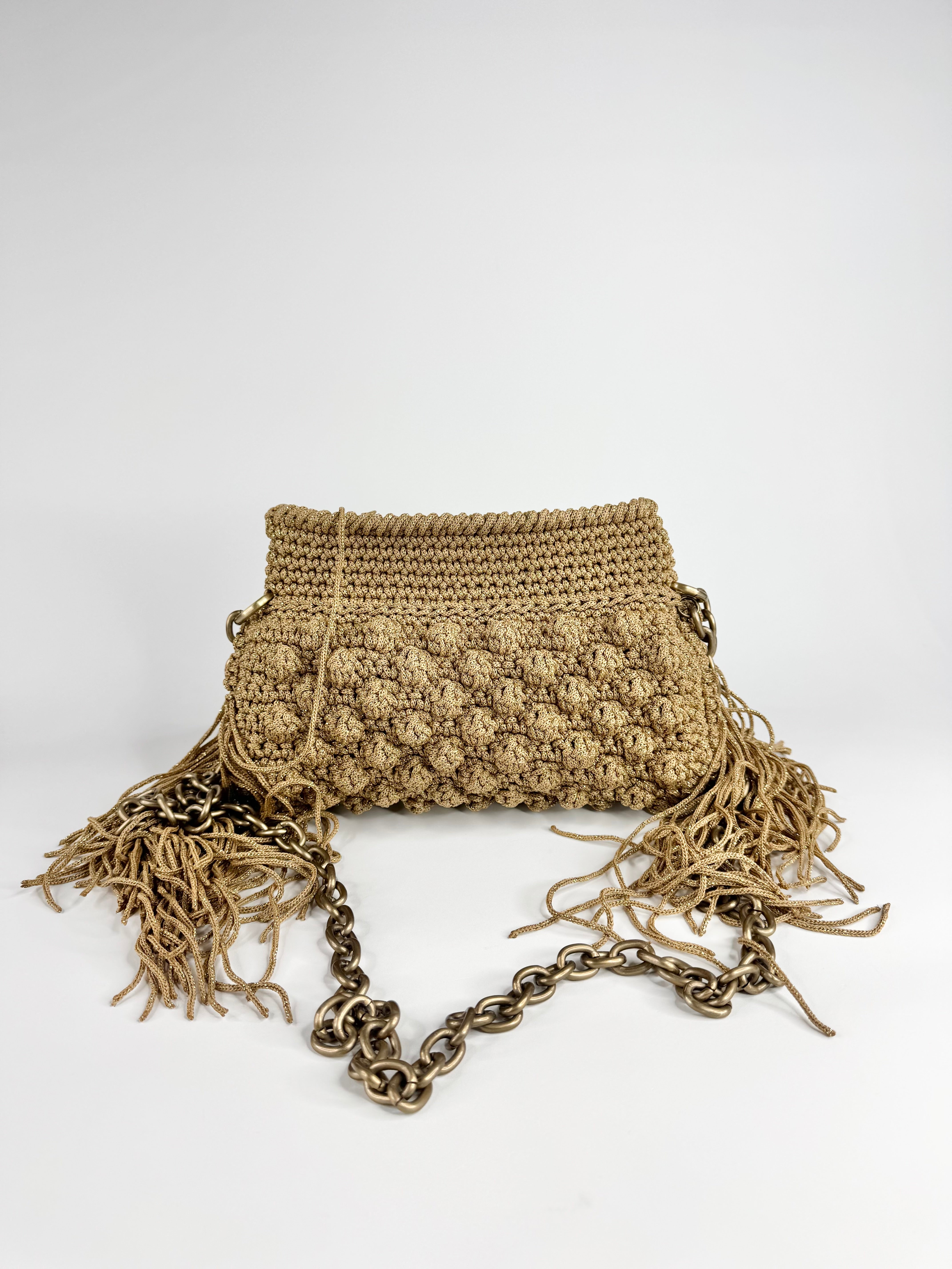 Lulu by Liana K Raffia Crochet Beige & Gold Fringed Bag