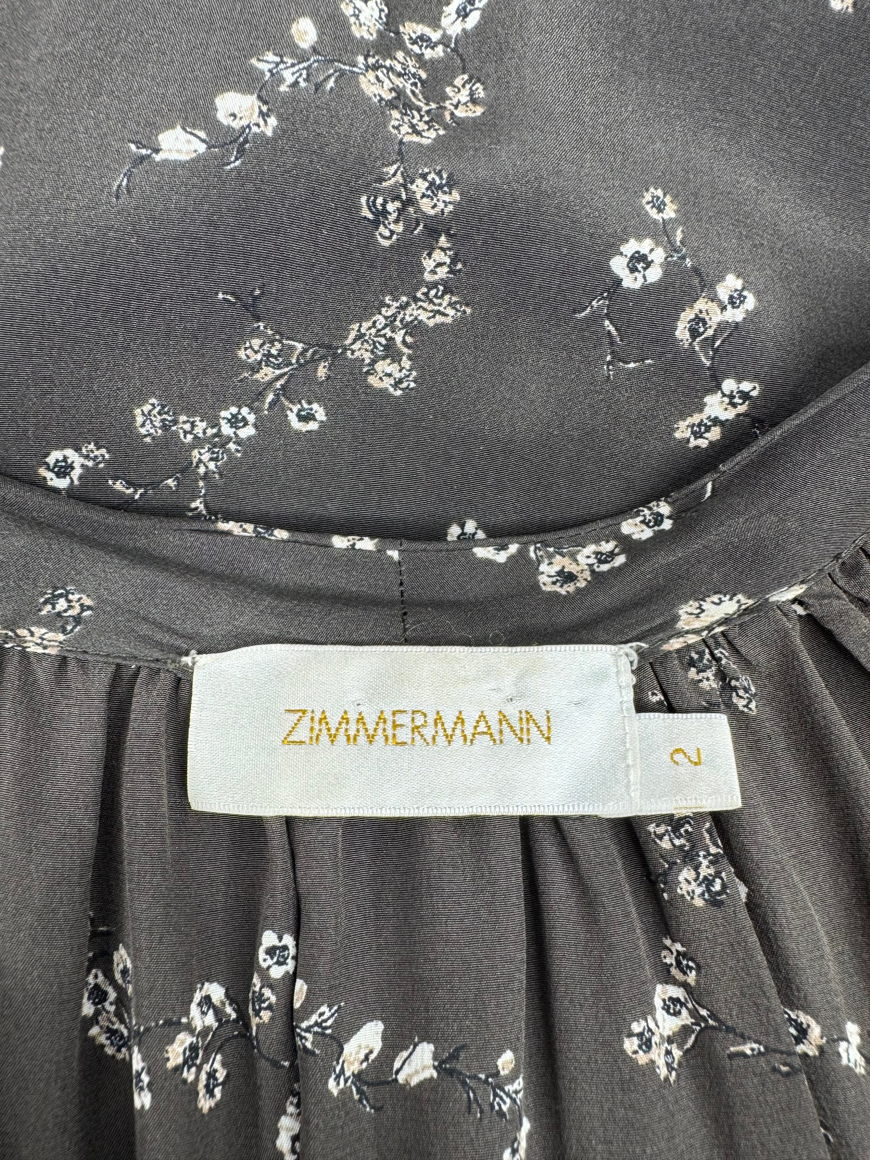 Zimmermann Charcoal Grey Blossom Patterned Pussy Bow Blouse - AU10