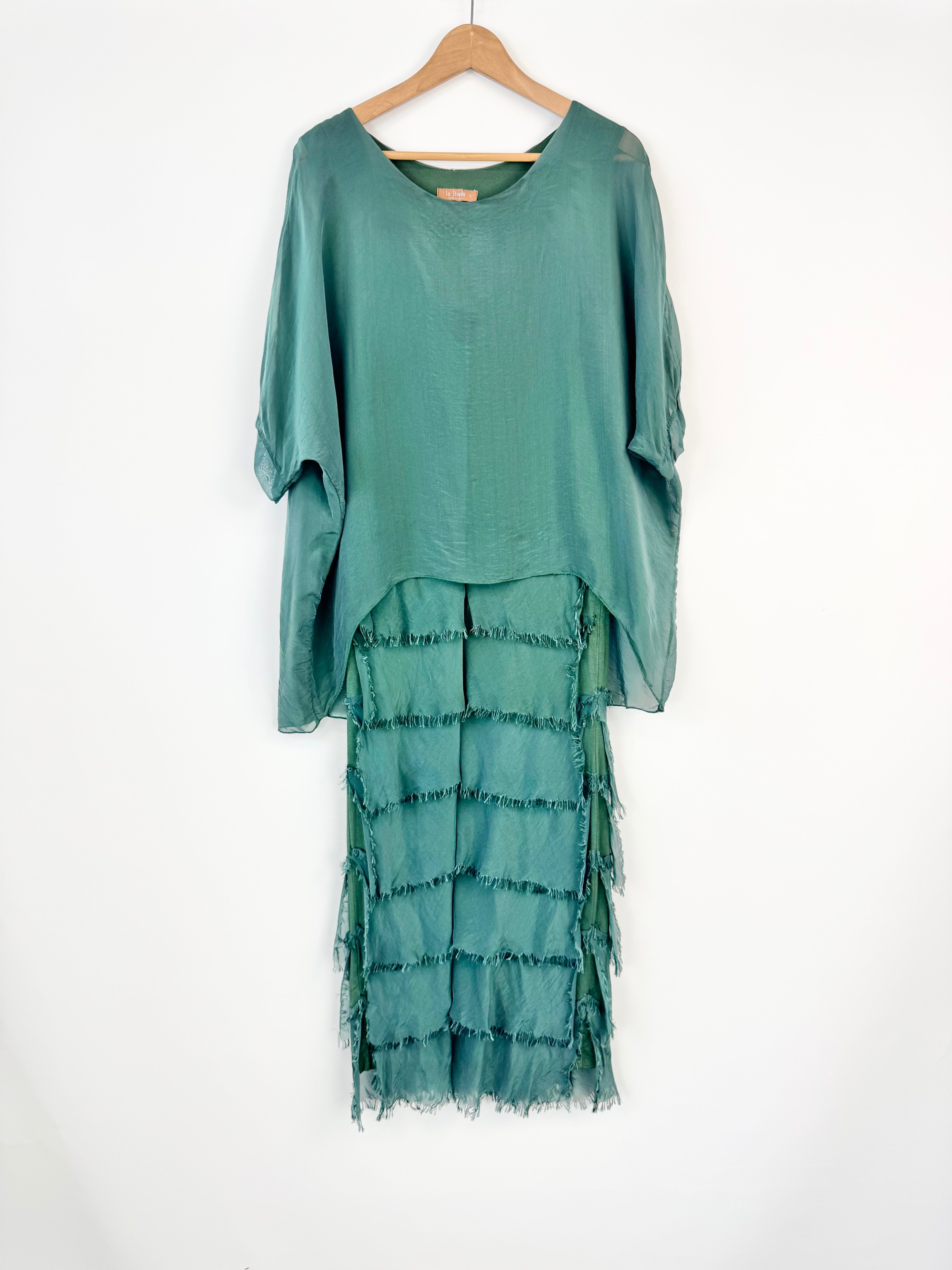 La Strada Forest Green Silk Tiered Maxi Dress - AU12