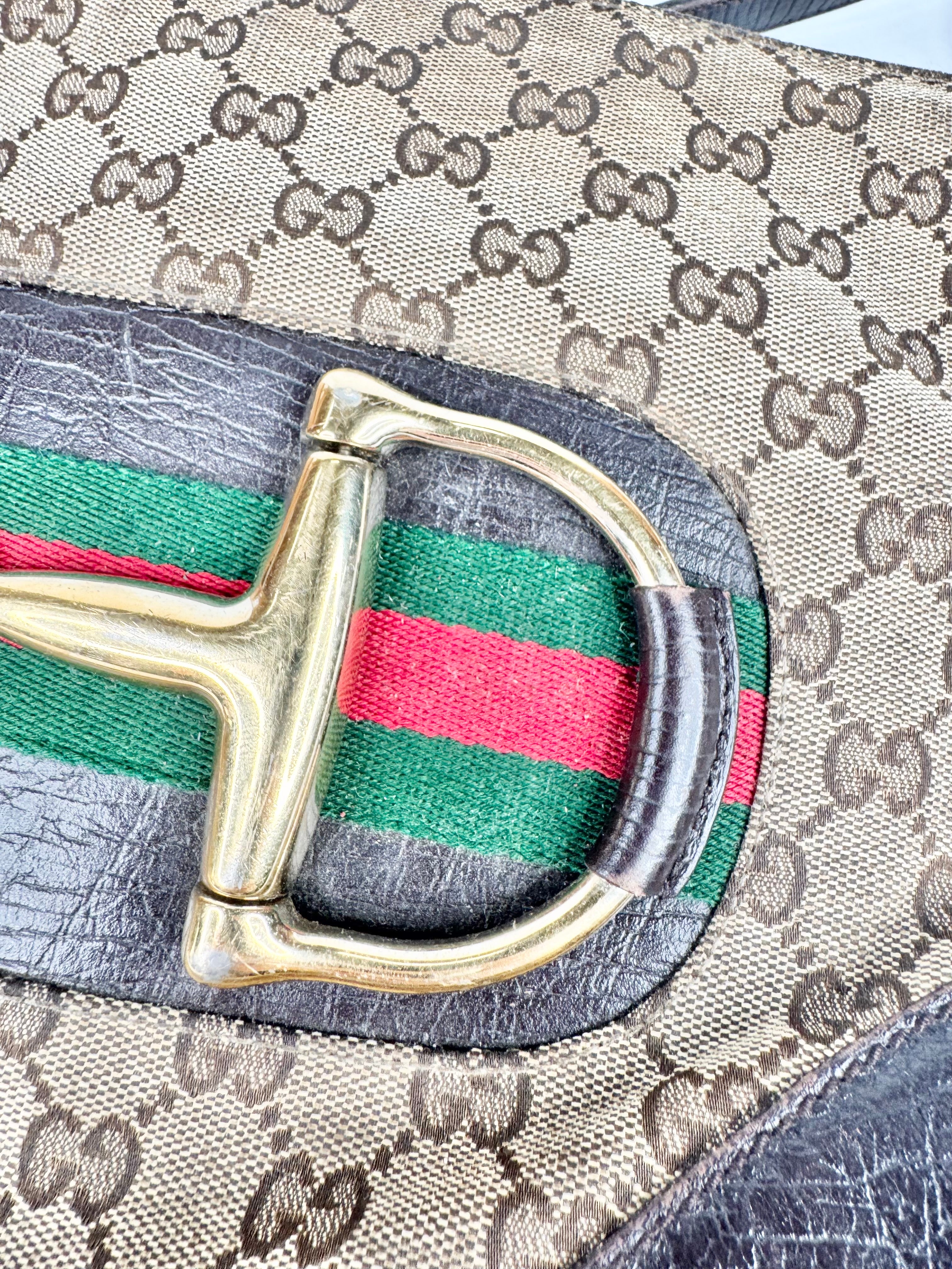 Vintage Gucci GG Canvas Horsebit Sherry Line Shoulder Bag Brown Beige