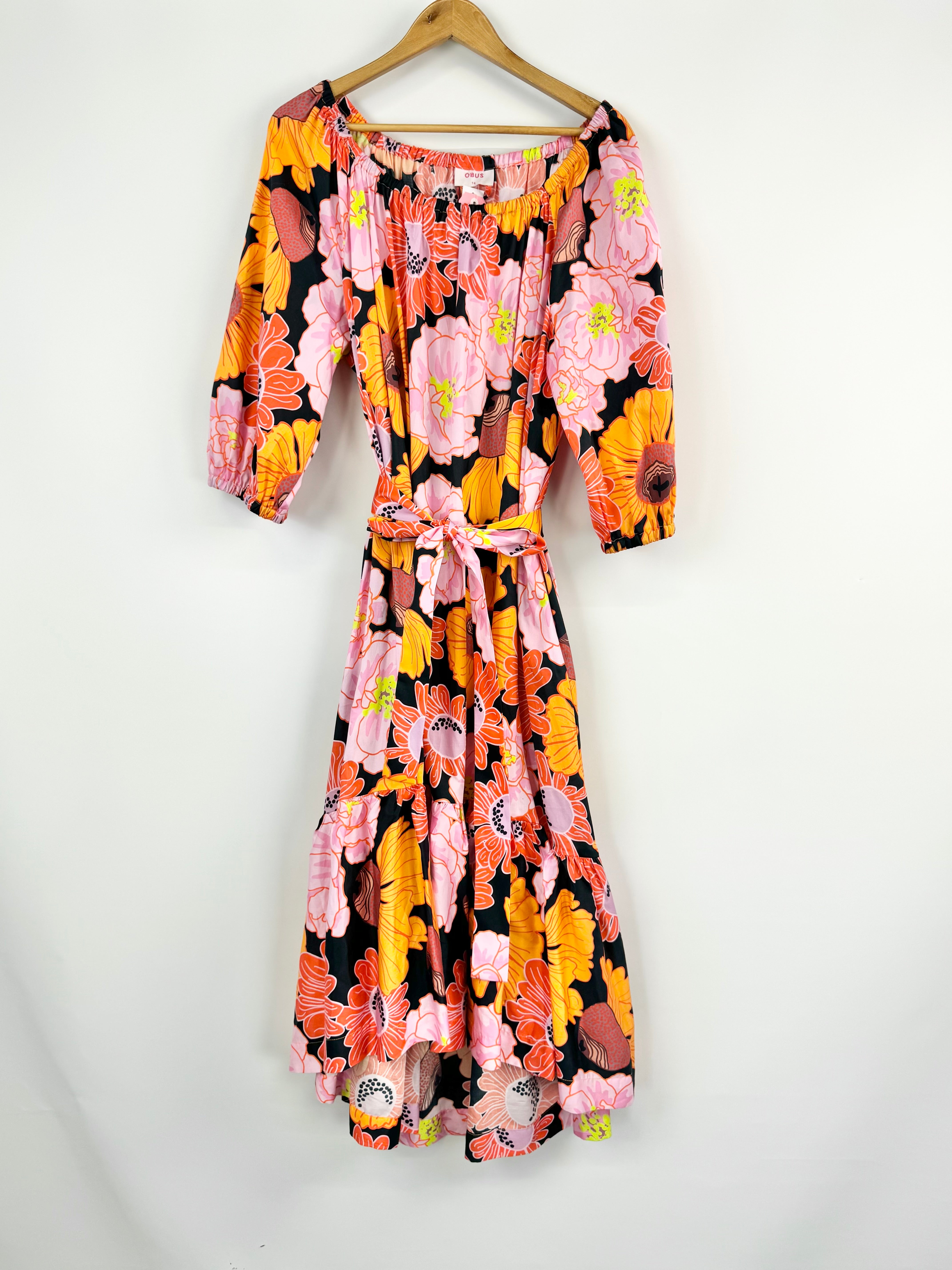 Obus Black & Pink Retro Floral Maxi Dress - AU14