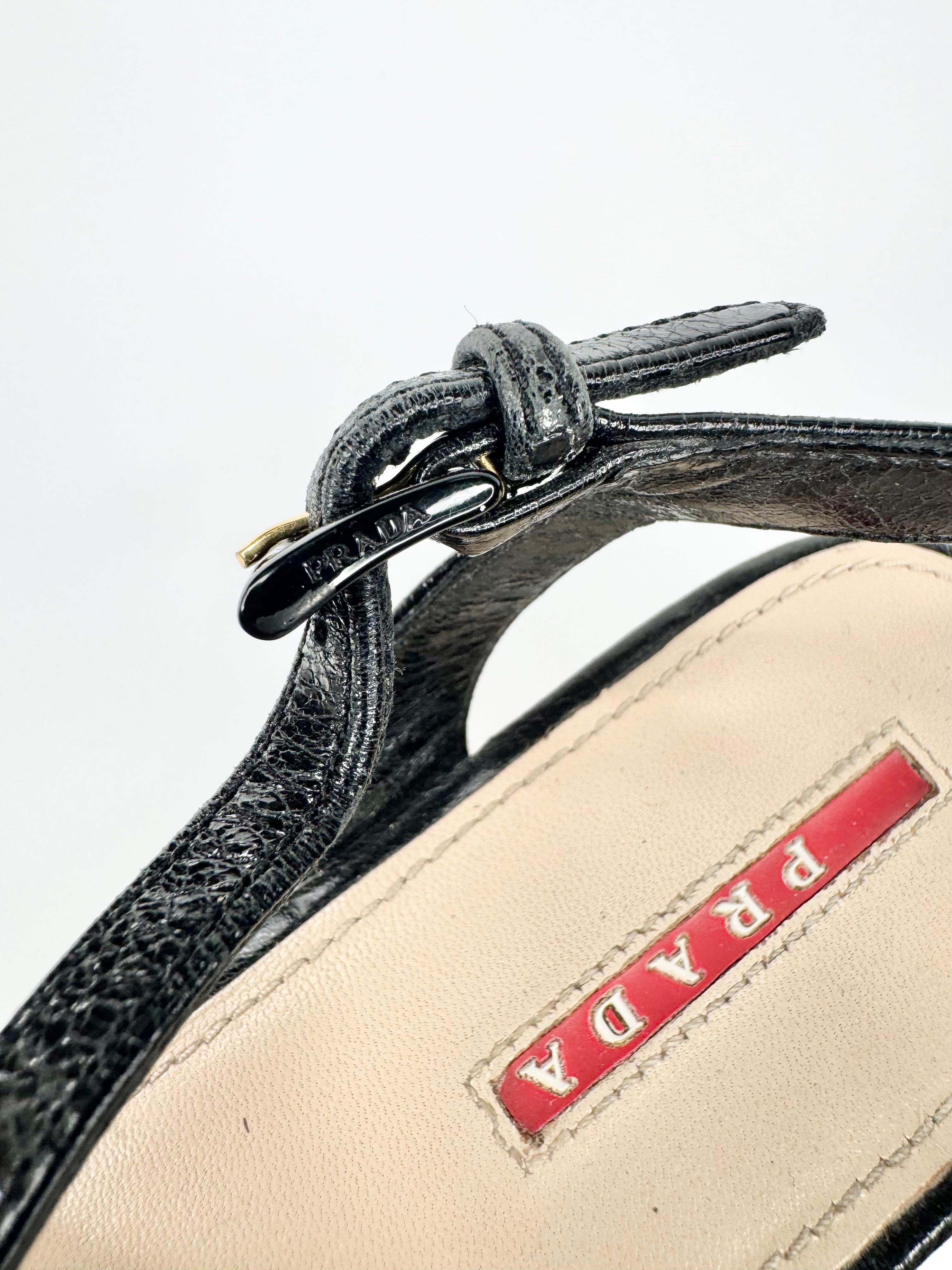 Prada Black Leather Peep Toe Cork Wedge Sandals - EU37.5