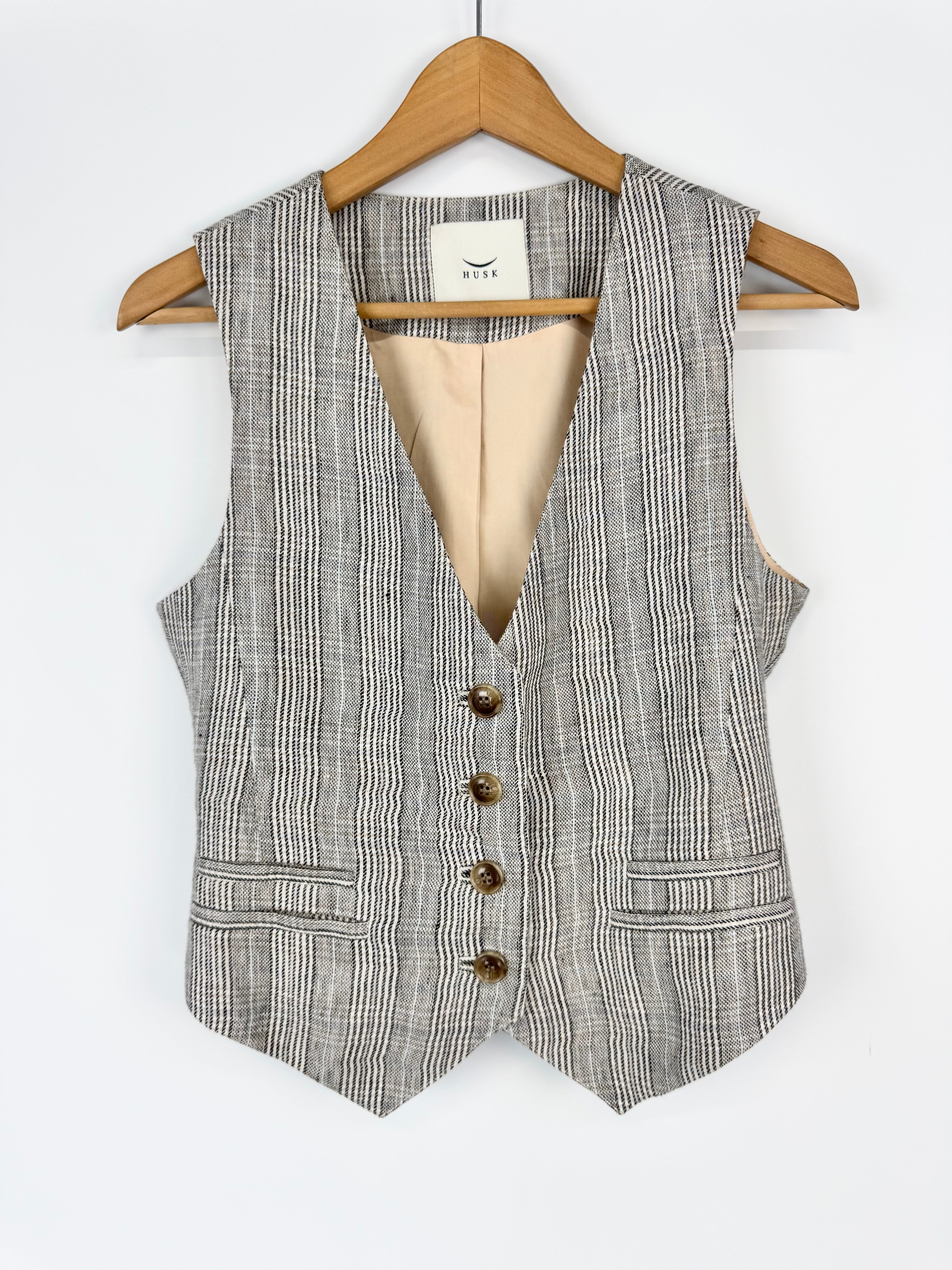 Husk Grey Beige & Blue Prince of Wales Check Linen 3 Piece Suit - AU8