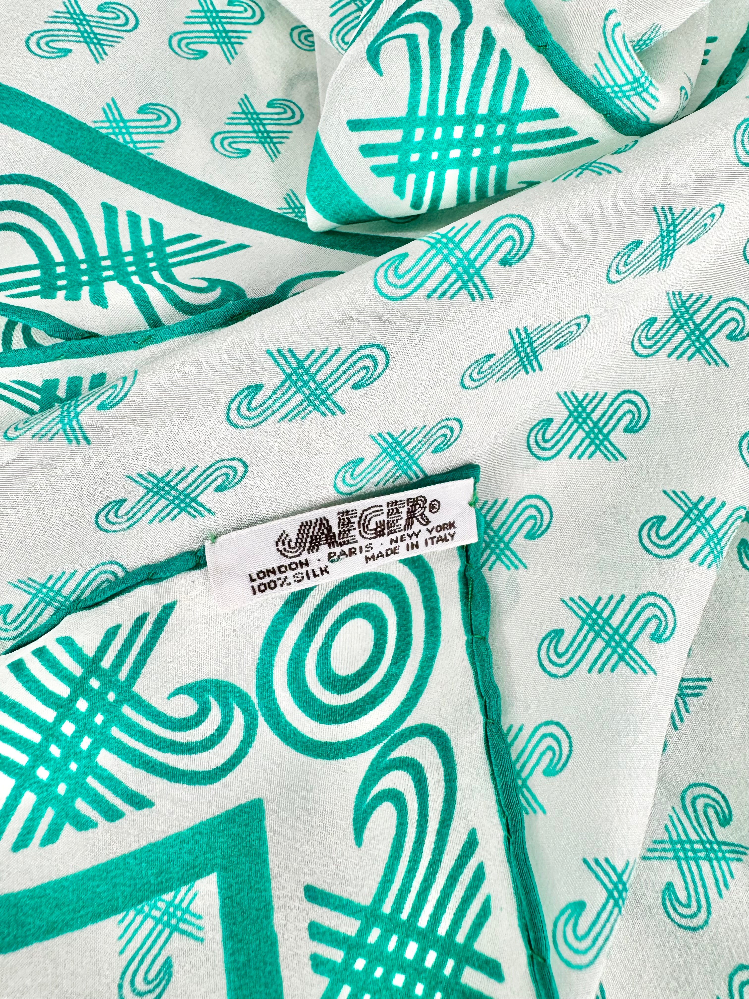 Vintage Jaeger White & Teal Swirled Motif Silk Scarf