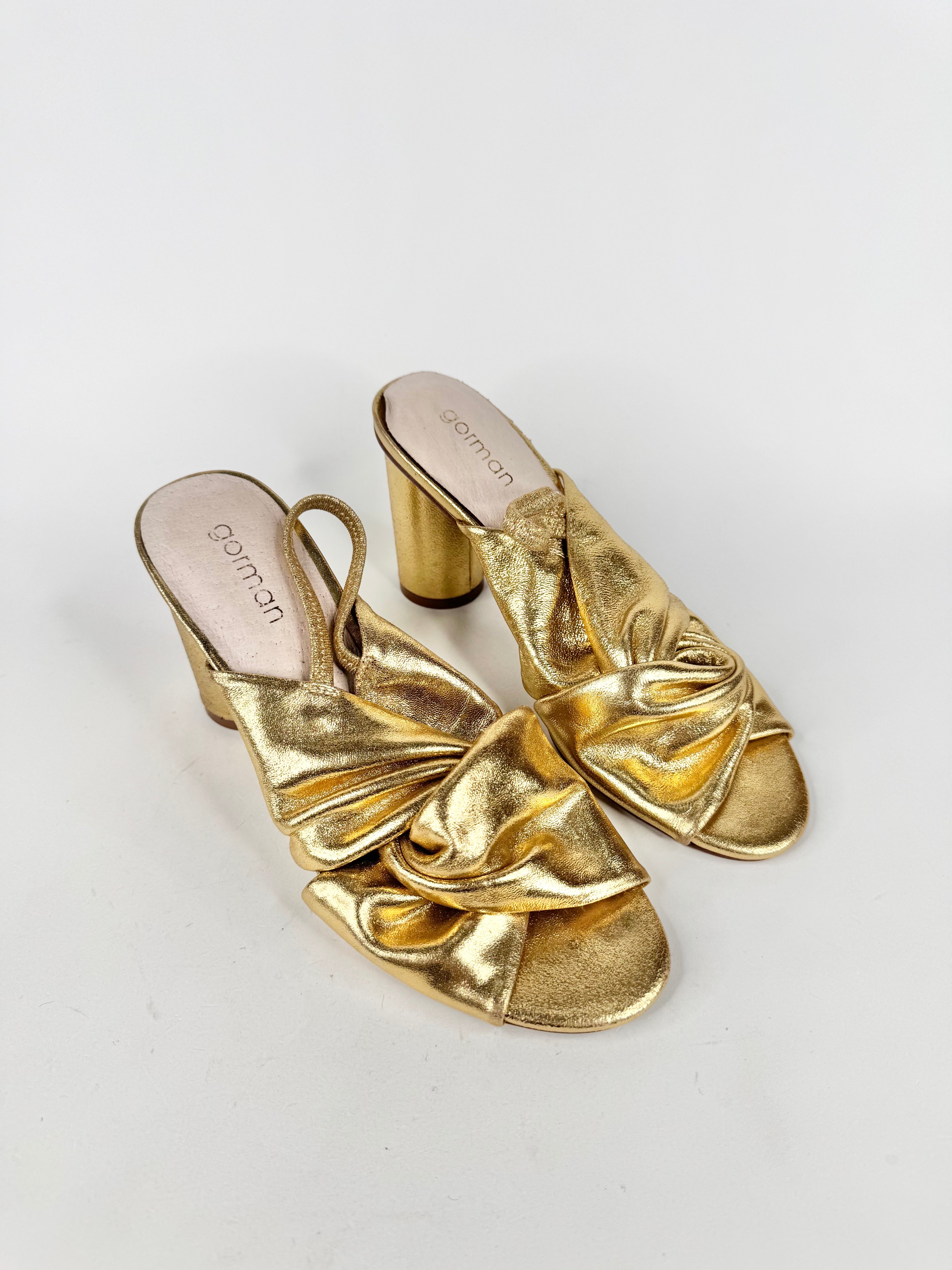 Gorman Metallic Gold Leather Knotted Bloc Heels - EU38