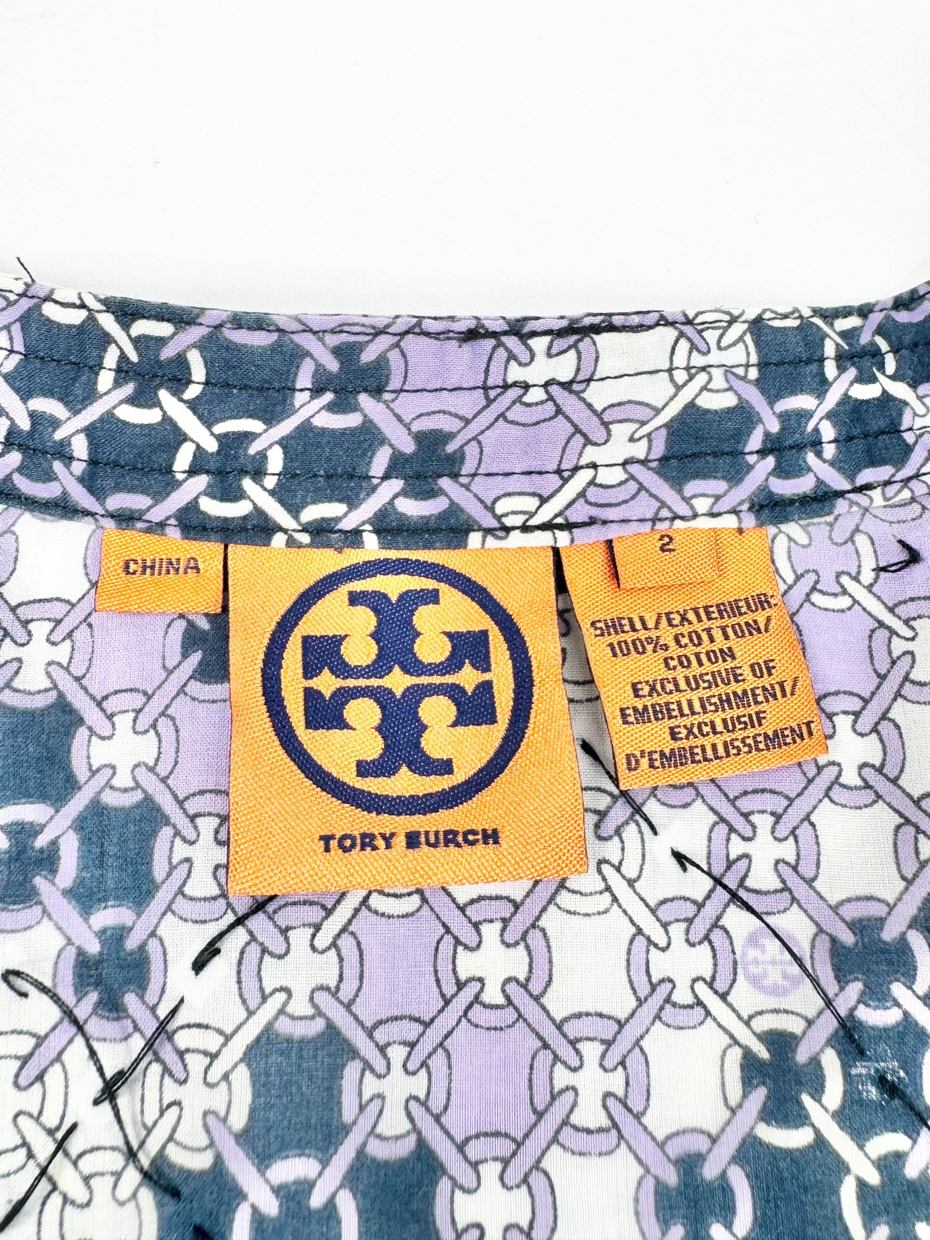 Tory Burch Purple, White & Blue Patterned Cotton Blouse- AU10
