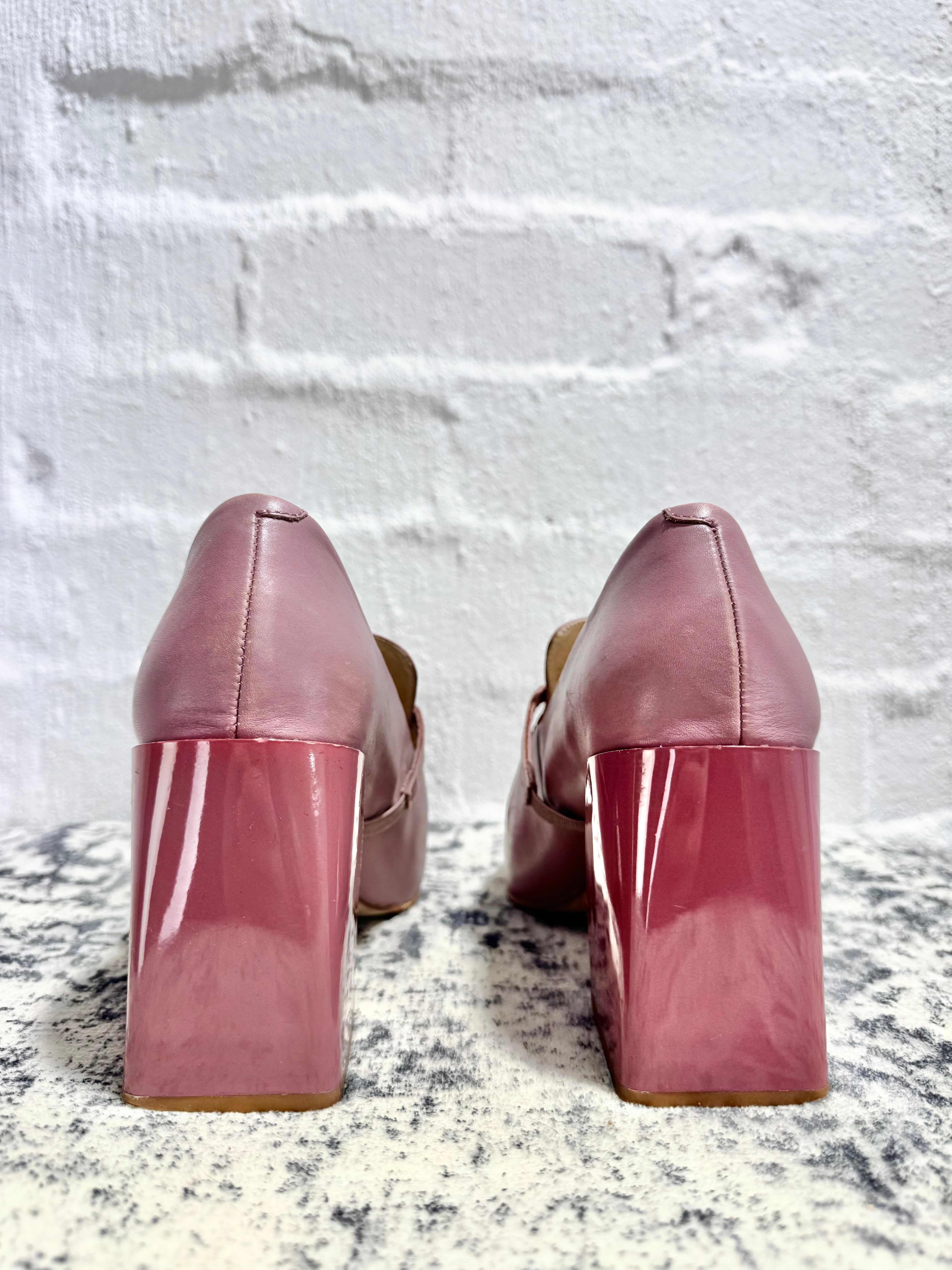 Mi Piaci Dusty Pink Leather Pointed Toe Block Heel Pumps - EU39