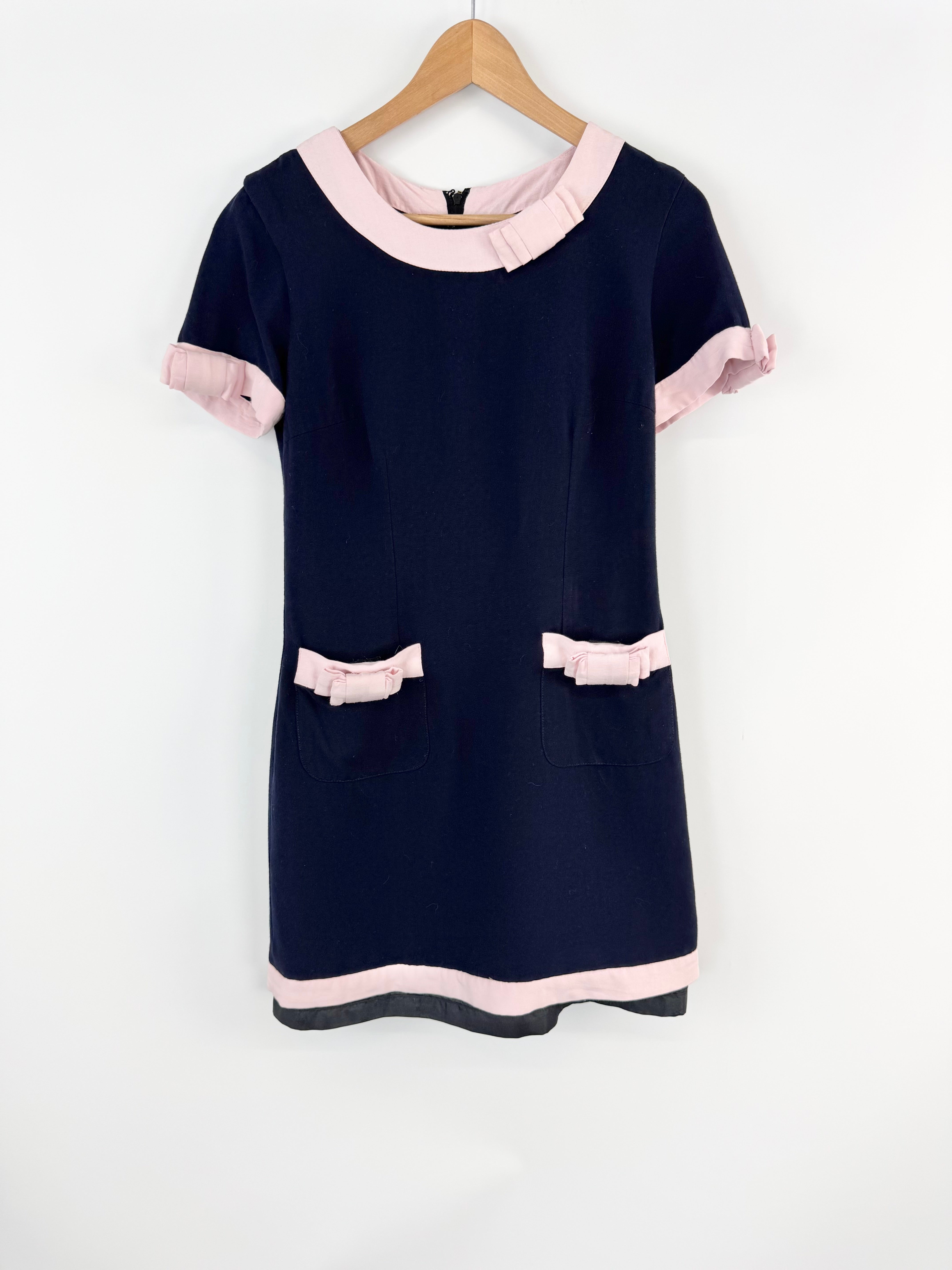 Vintage Lisa Ho Midnight Blue & Pink Trim Mini Dress - AU10