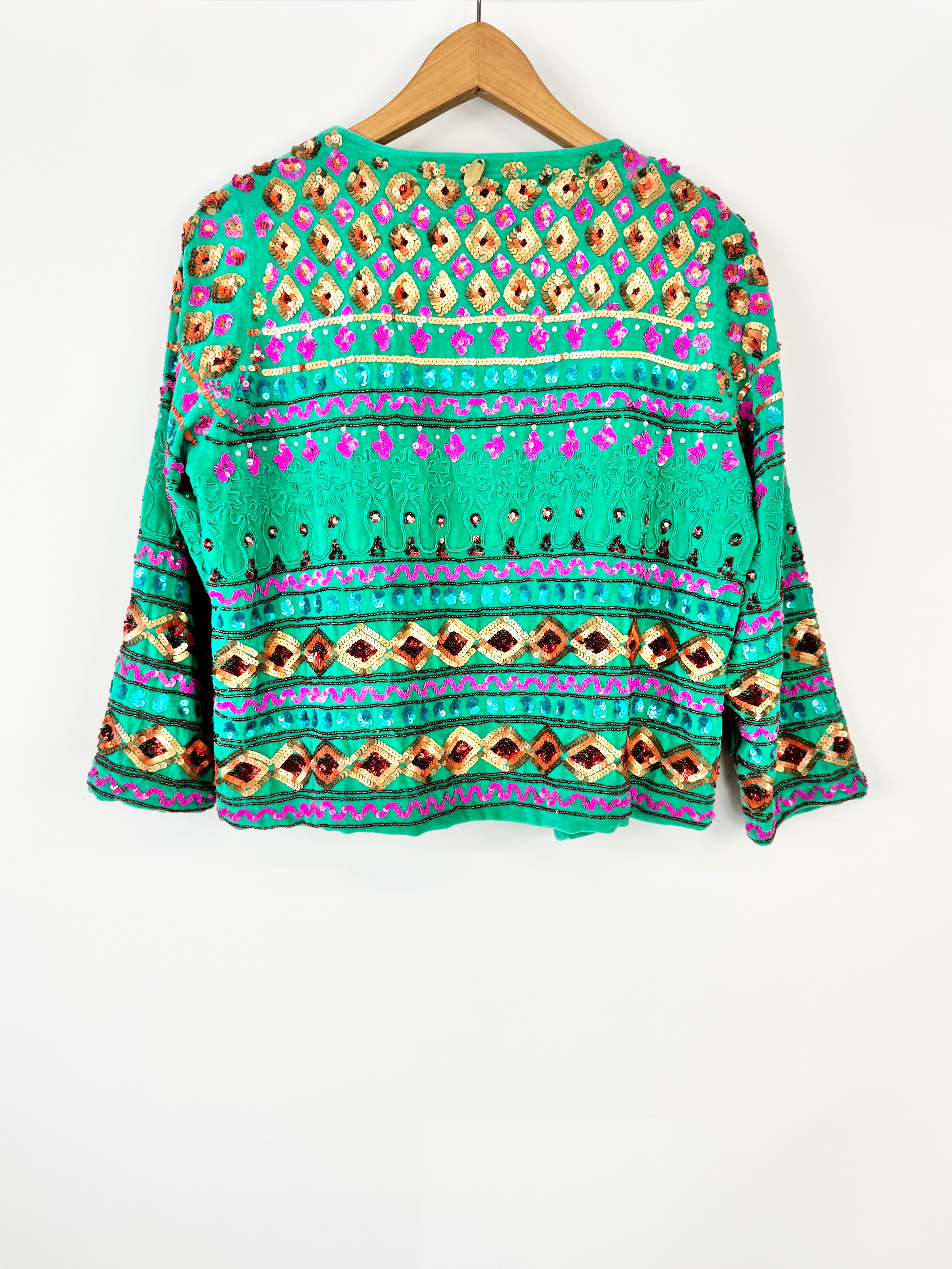 Rubyaya Embroidered & Sequined Teal Velvet Jacket - AU10