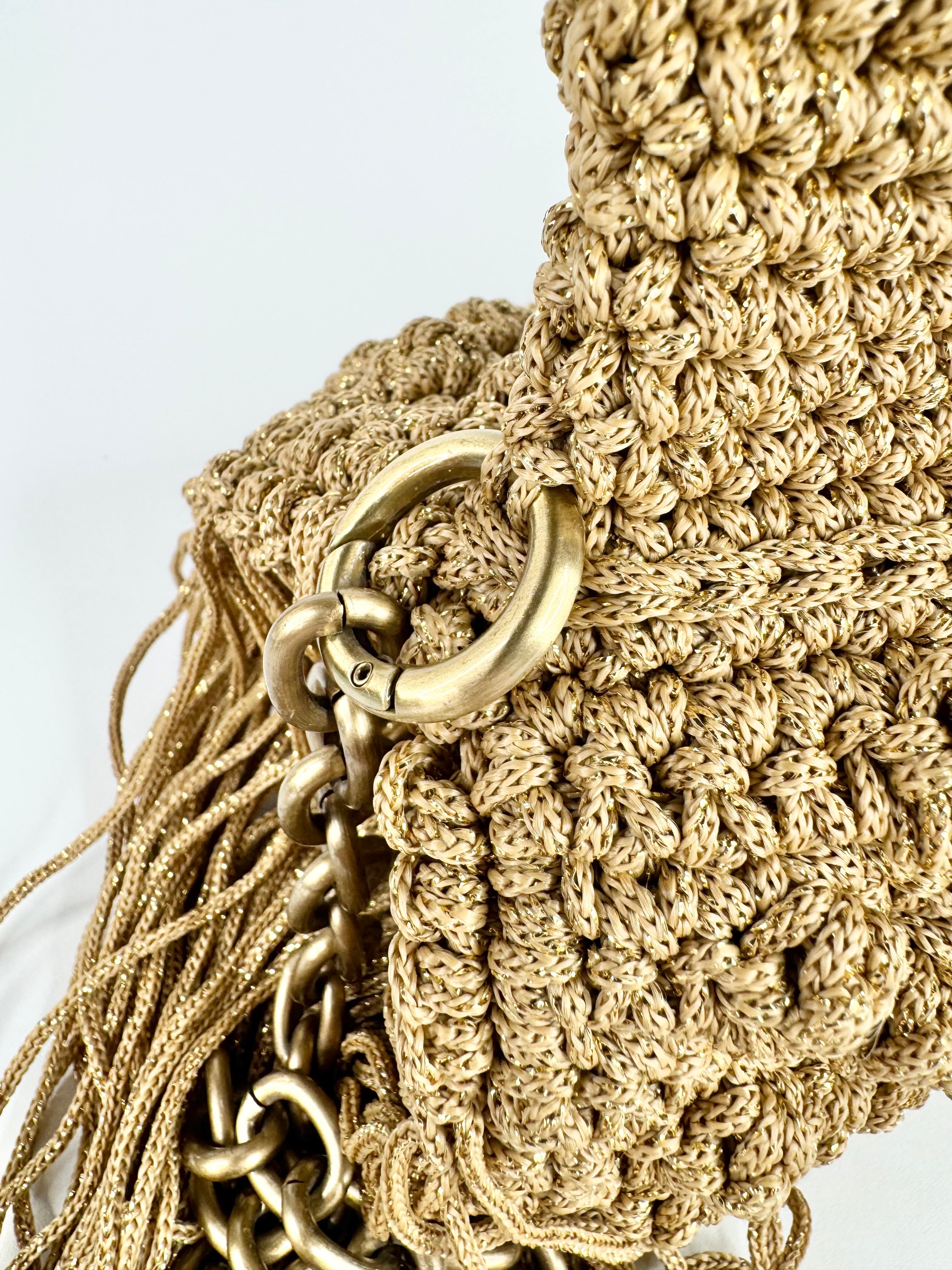 Lulu by Liana K Raffia Crochet Beige & Gold Fringed Bag