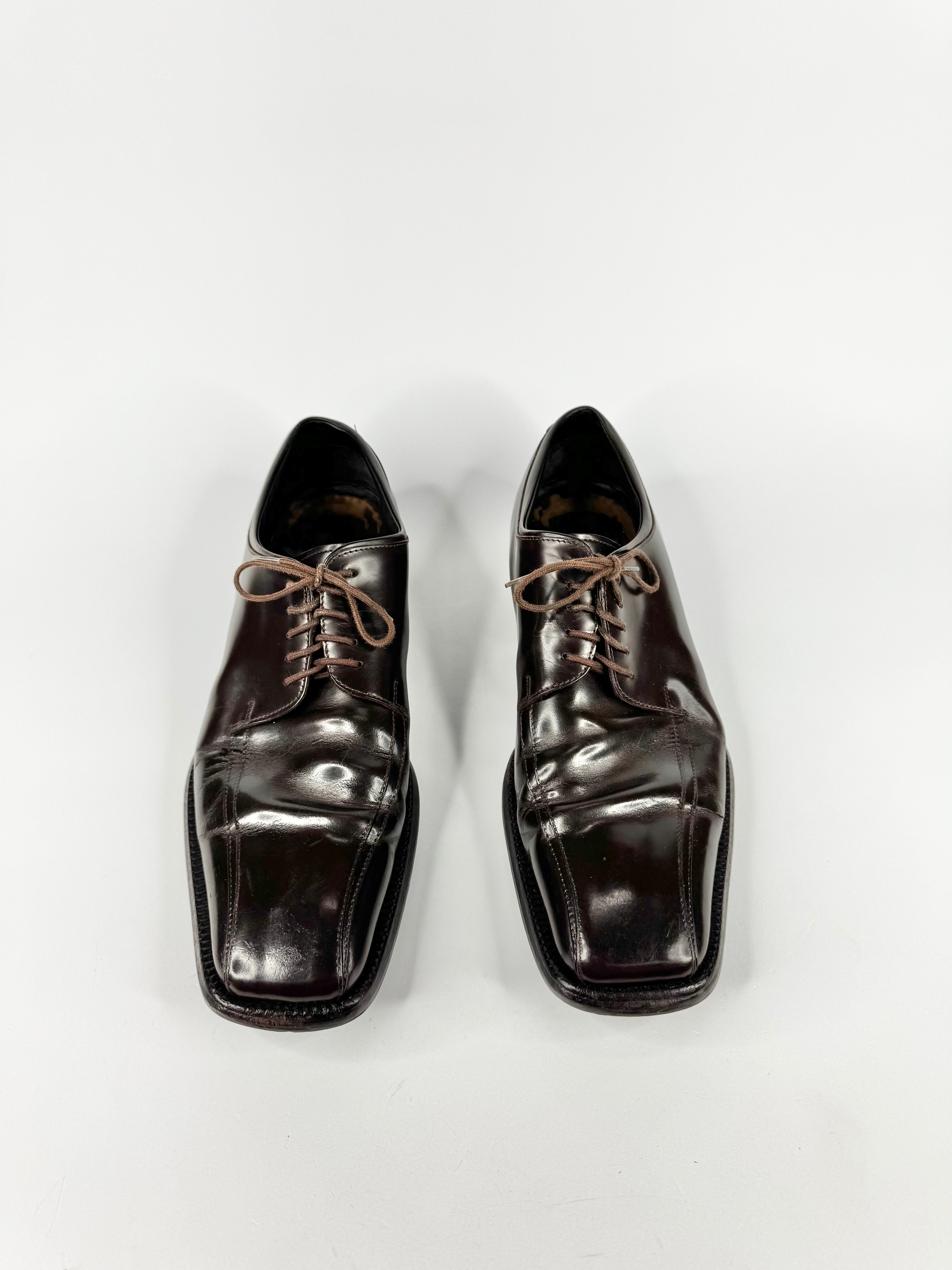 Dark Brown Square Tip Lace Up Leather Shoes - EU43