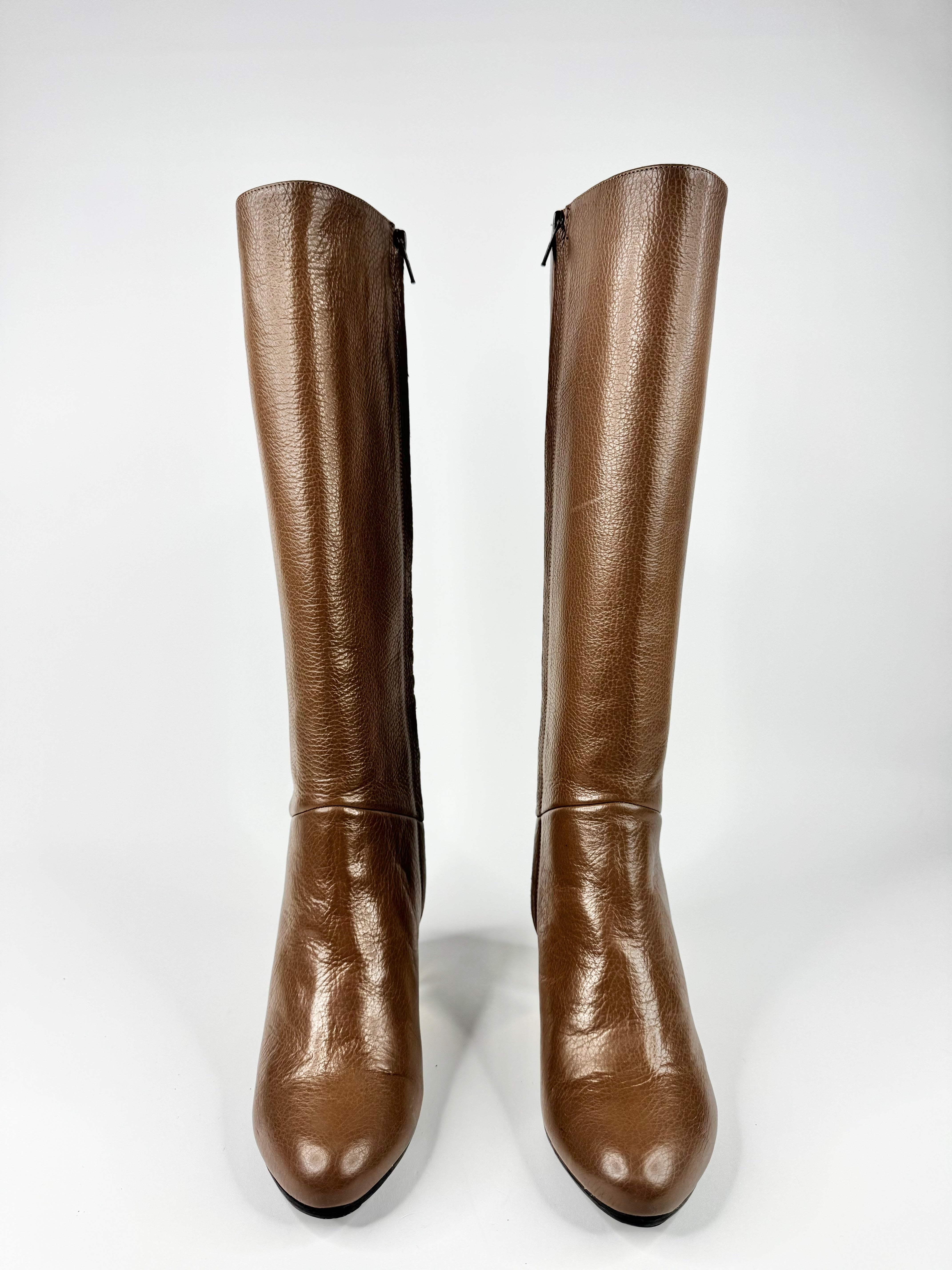 Louisa Taupe Grained Knee-High Heeled Boots - EU36