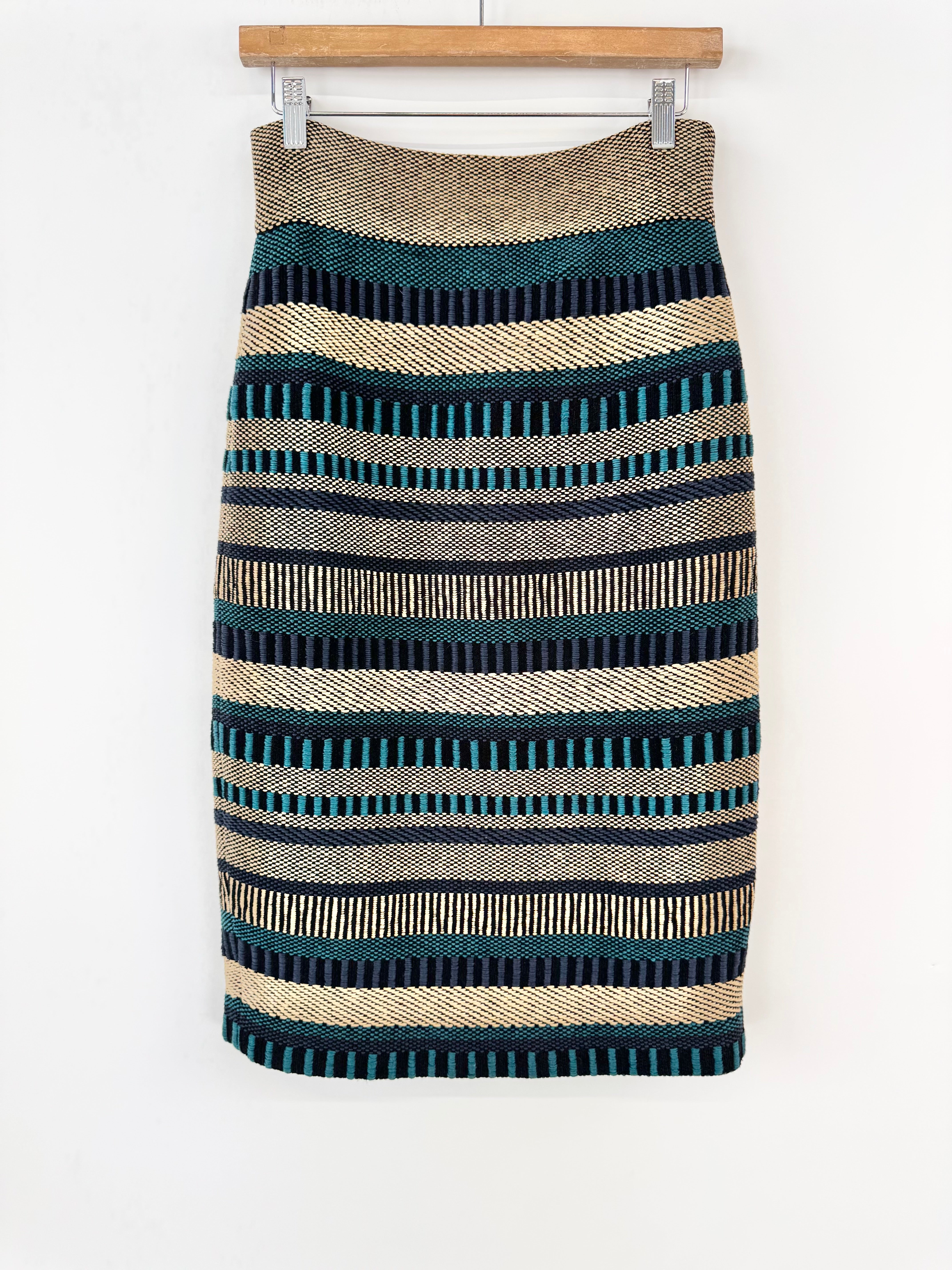 Burberry Prorsum Gold & Teal Woven Pencil Skirt - AU10